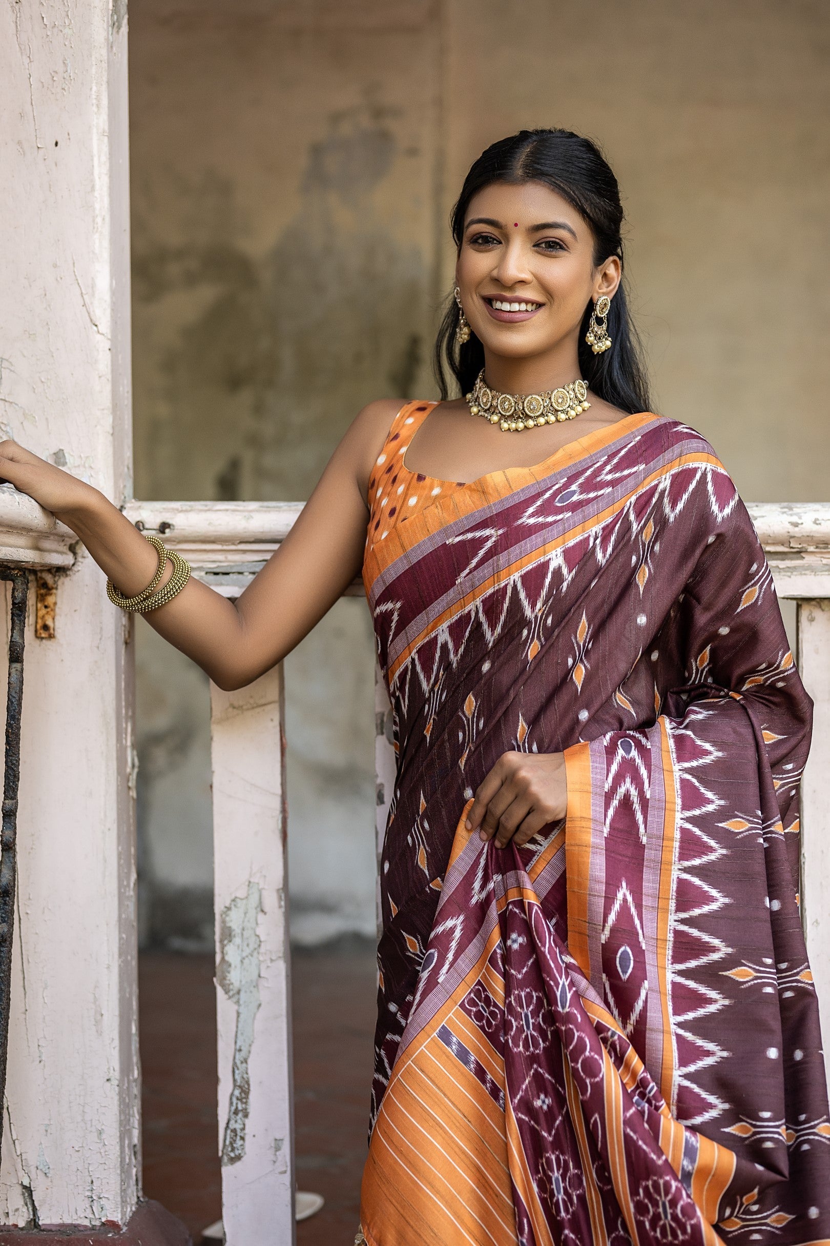 Coffee Brown Ikkat Printed Cotton Silk Saree