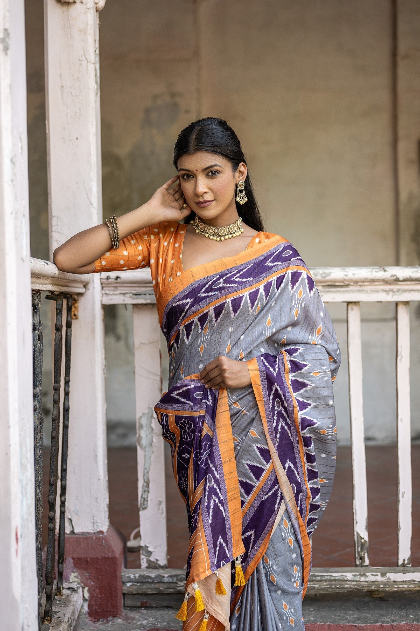 Santas Grey Ikkat Printed Cotton Silk Saree