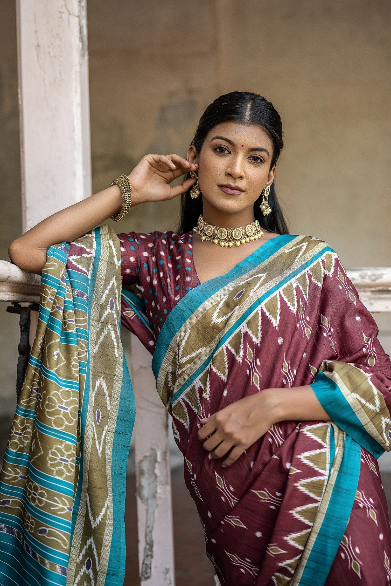 Tosca Maroon Ikkat Printed Cotton Silk Saree