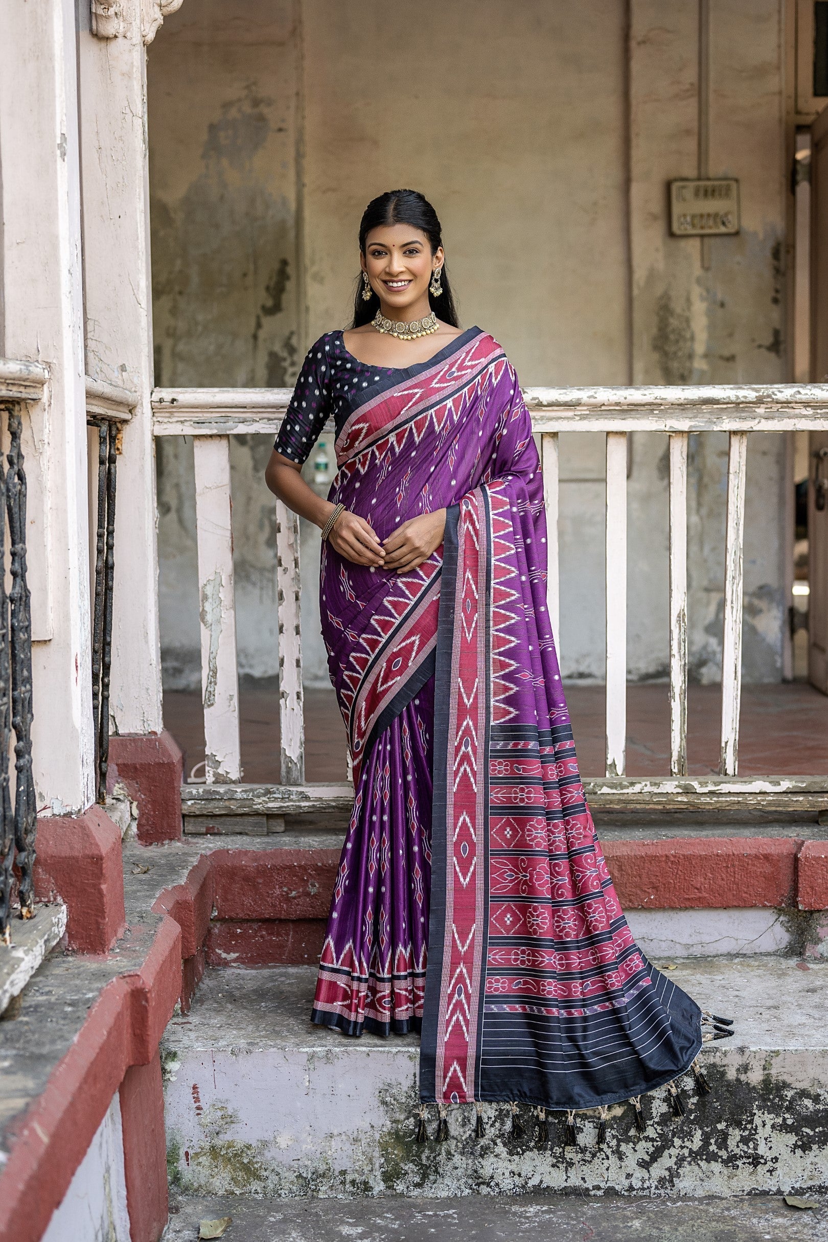 Vivid Violet Purple Ikkat Printed Cotton Silk Saree