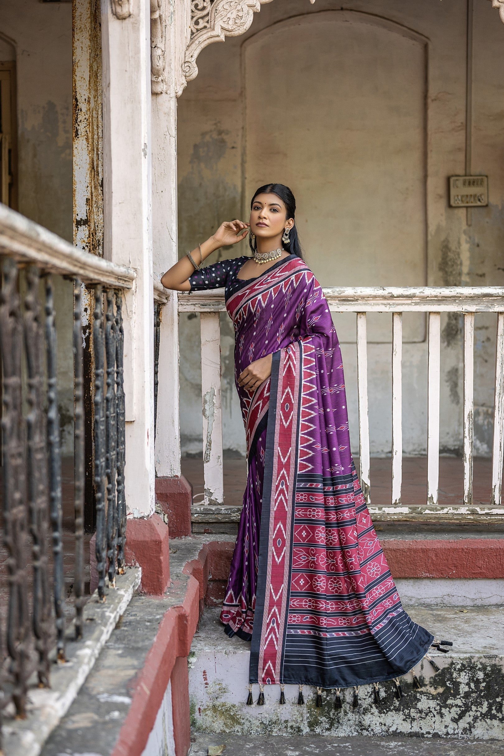 Vivid Violet Purple Ikkat Printed Cotton Silk Saree