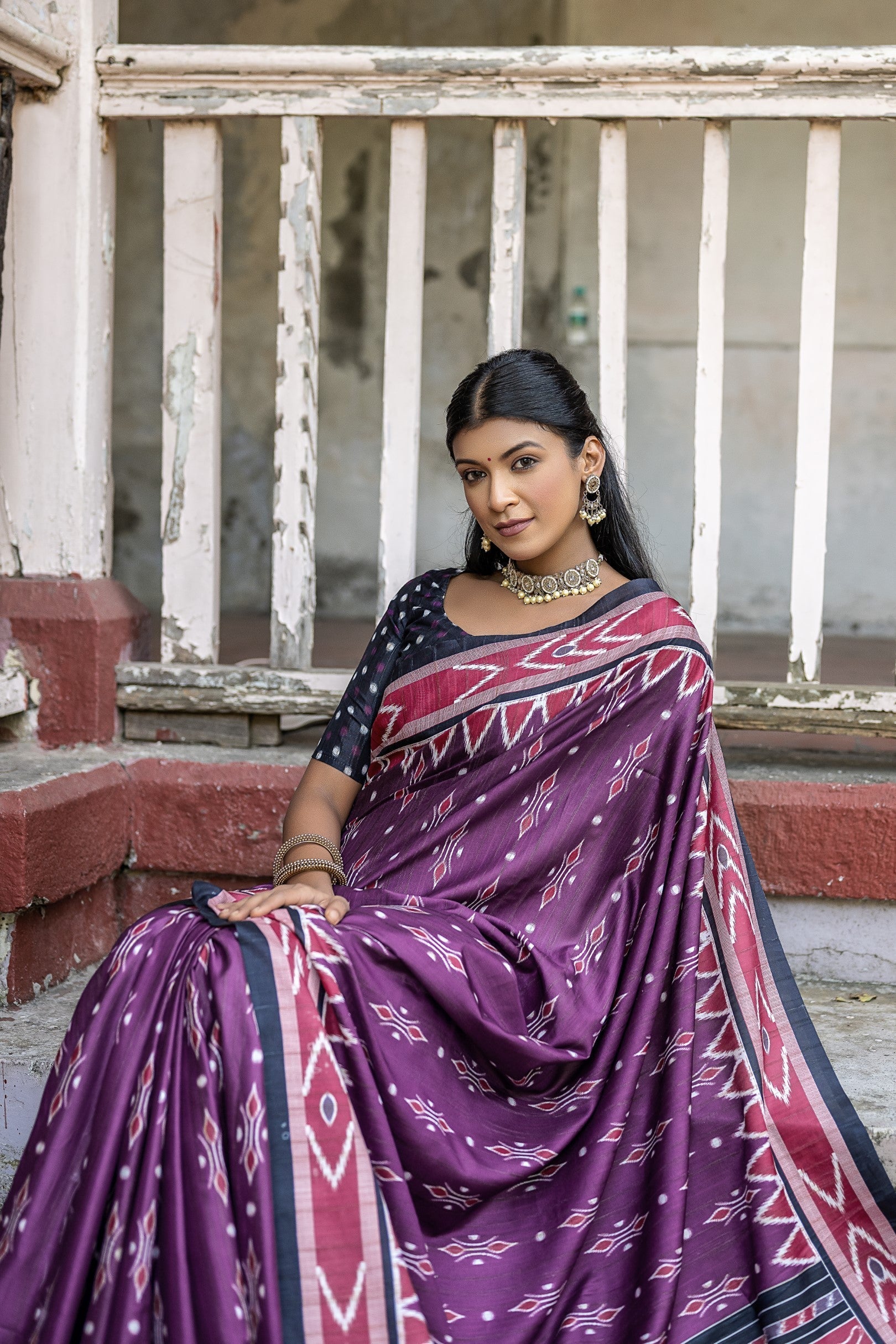 Vivid Violet Purple Ikkat Printed Cotton Silk Saree