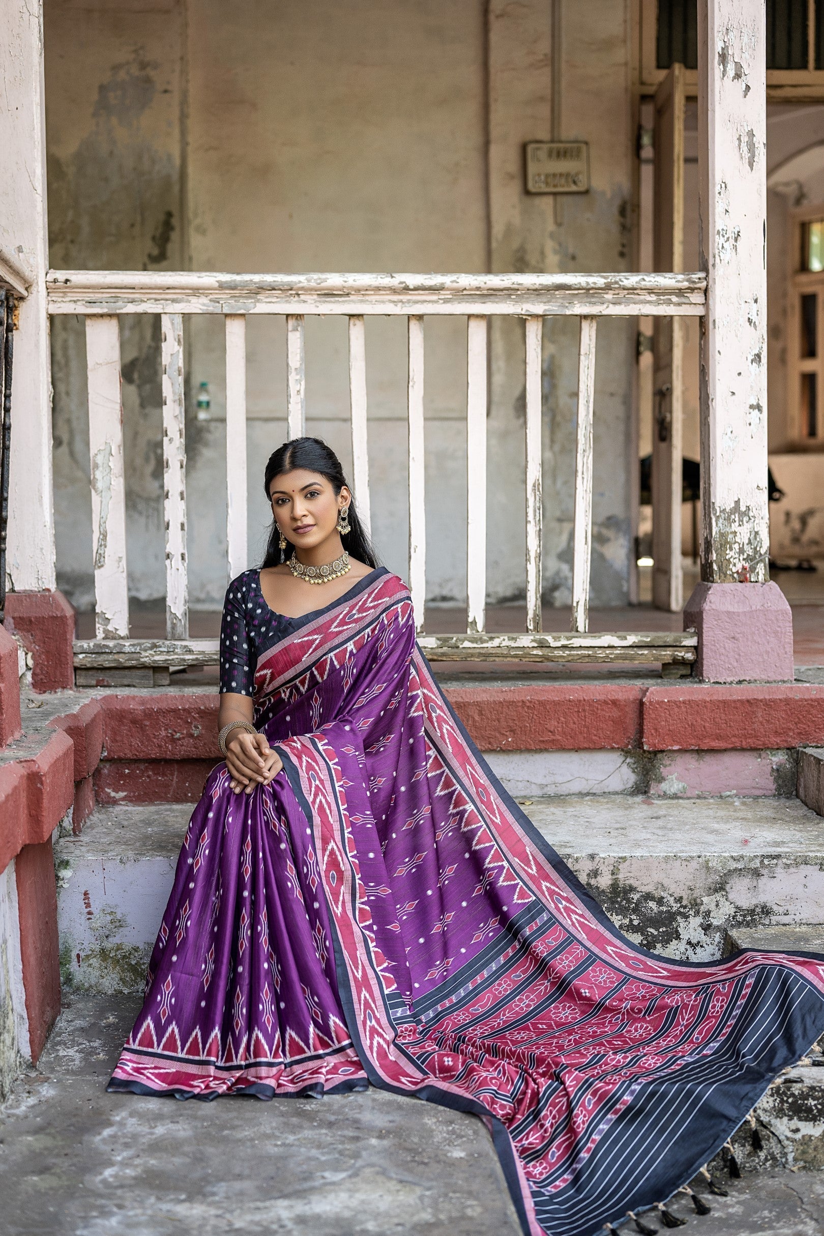 Vivid Violet Purple Ikkat Printed Cotton Silk Saree