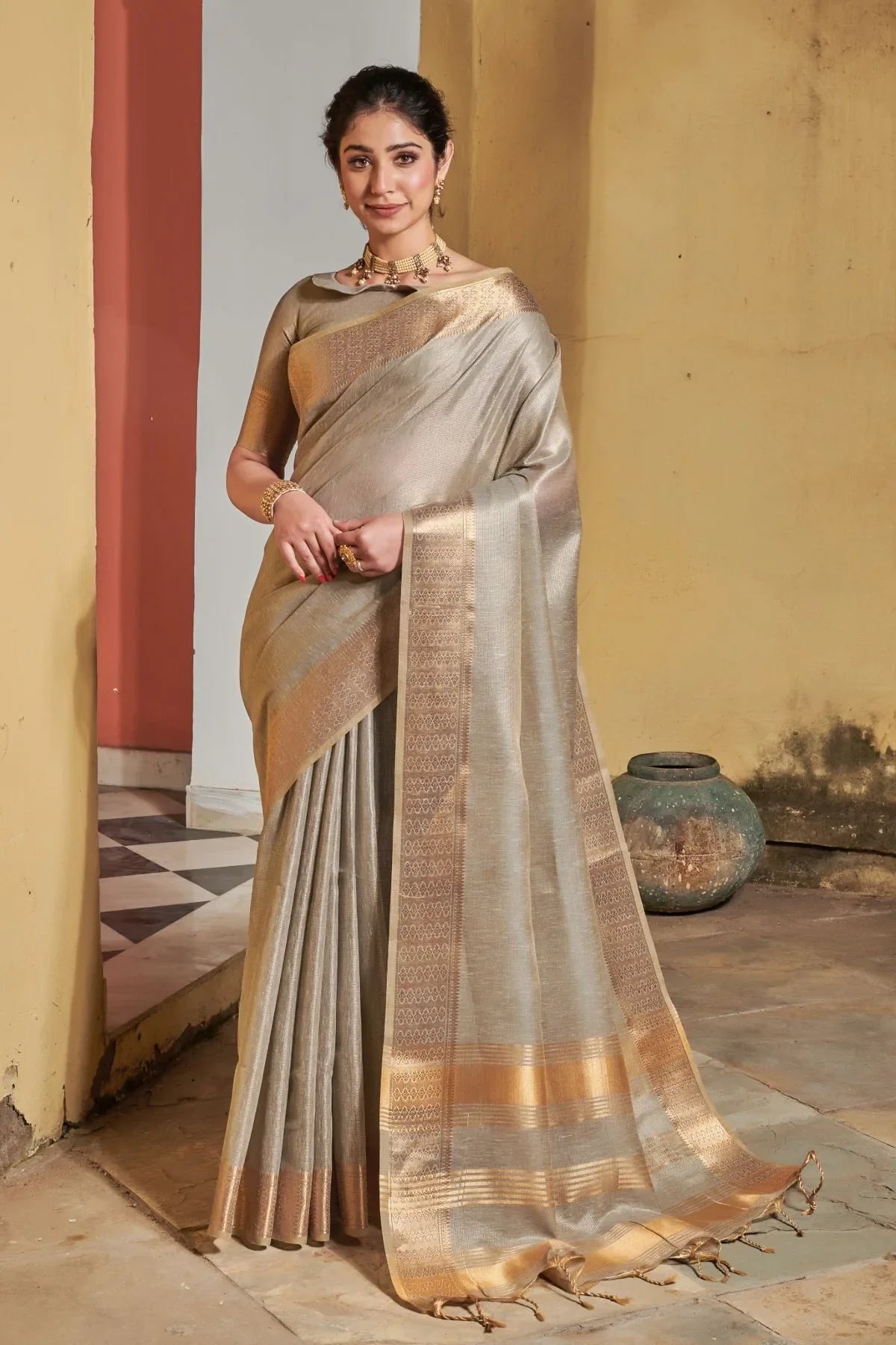 Malta Grey Tissue Linen Saree