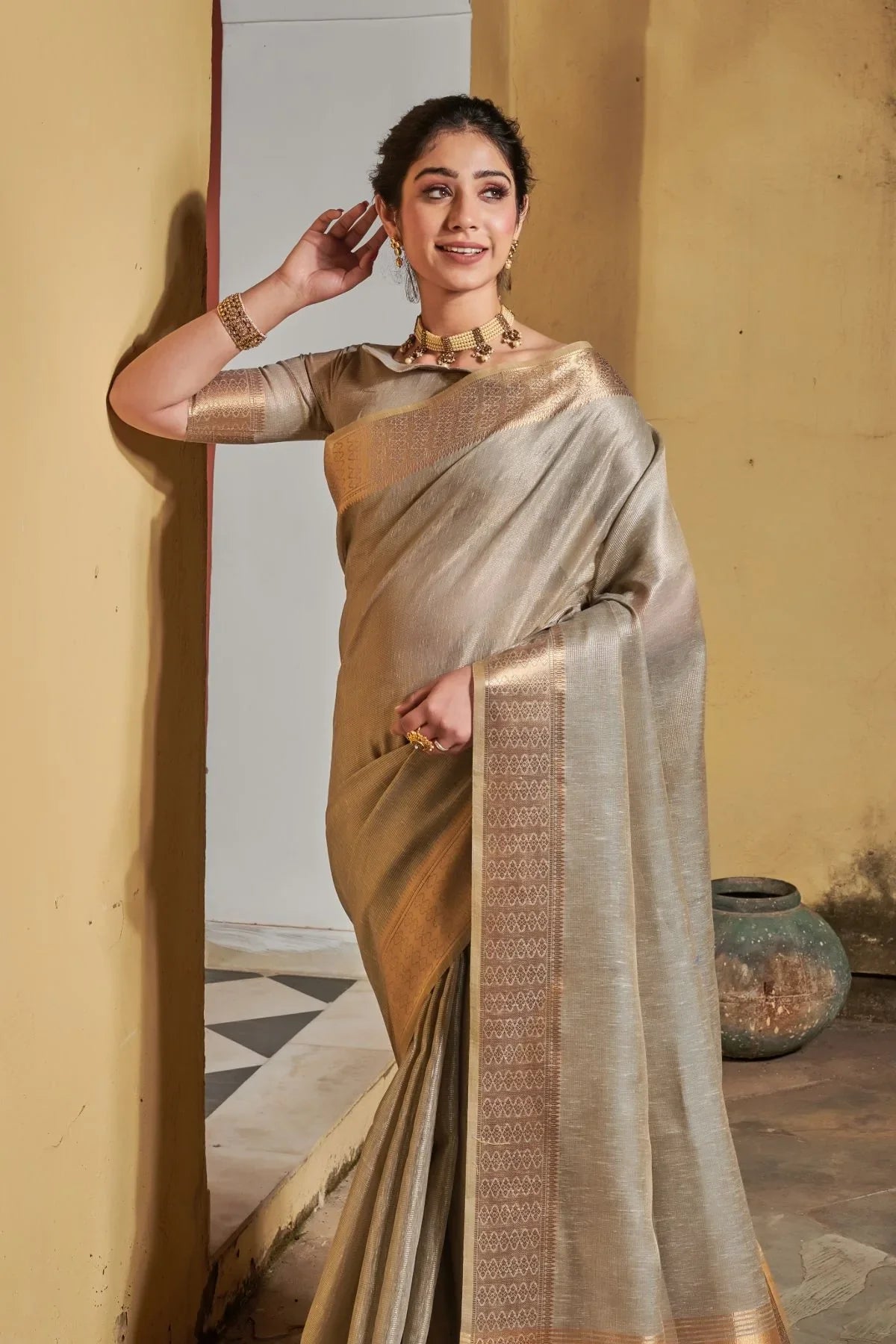 Malta Grey Tissue Linen Saree