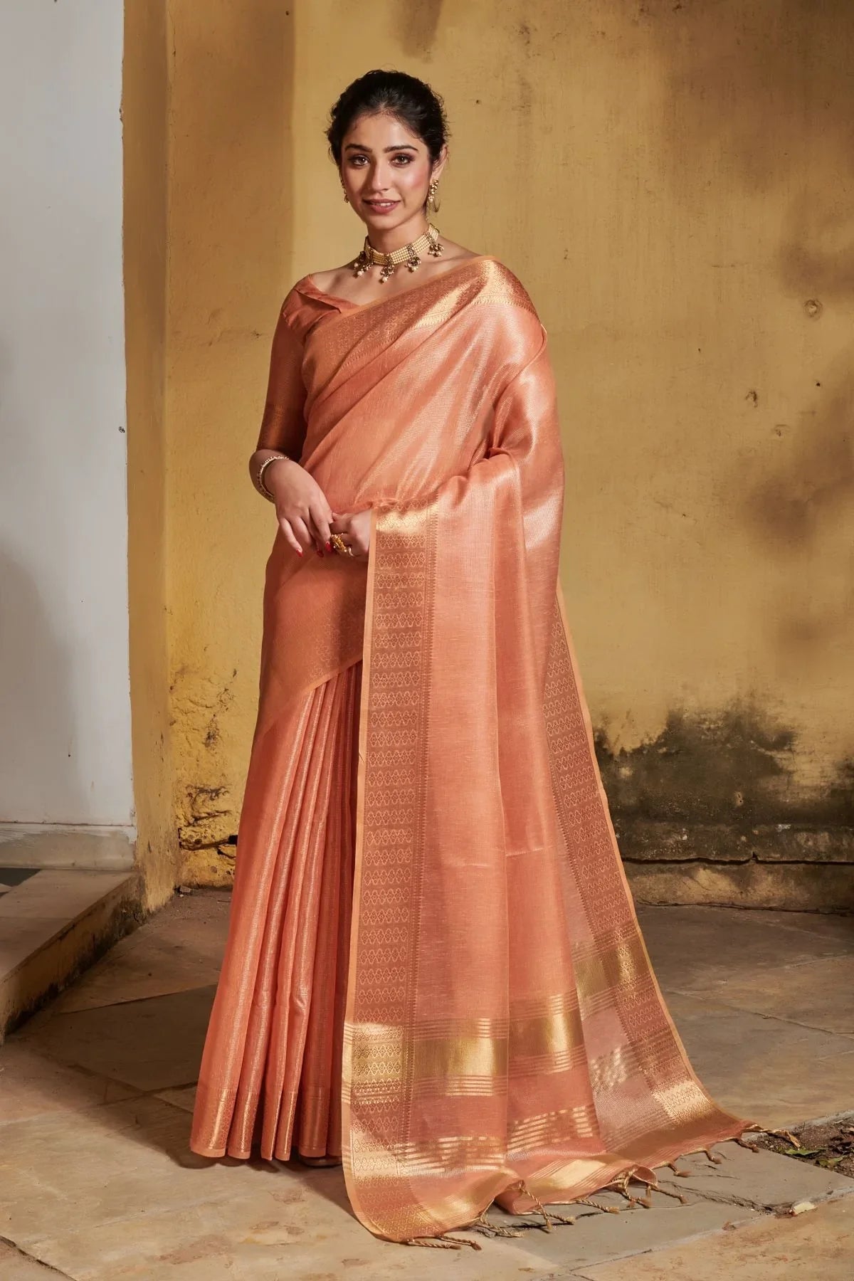 Tacao Peach Tissue Linen Saree