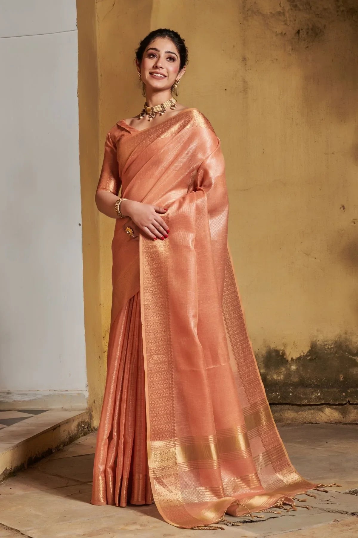 Tacao Peach Tissue Linen Saree