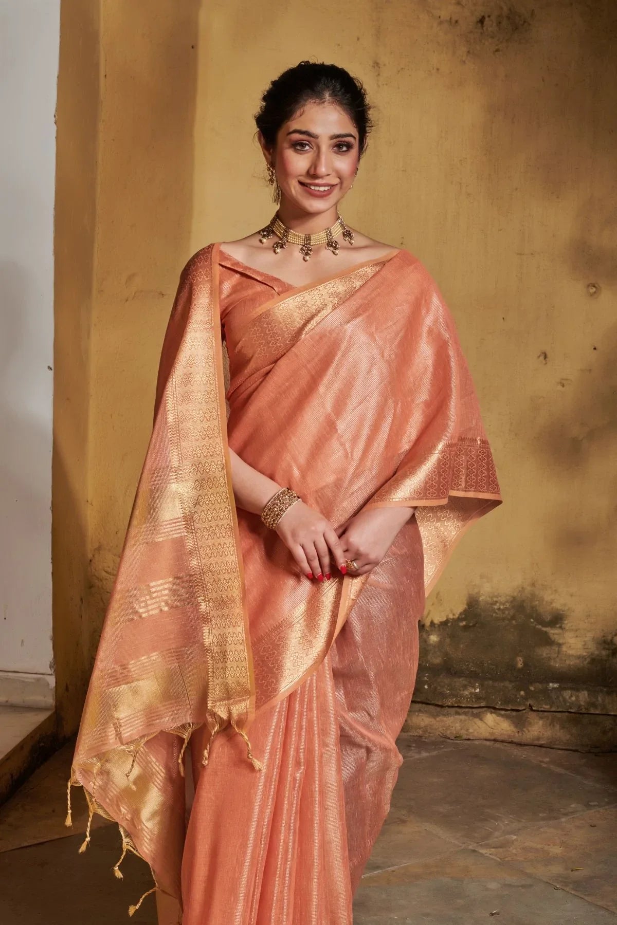 Tacao Peach Tissue Linen Saree