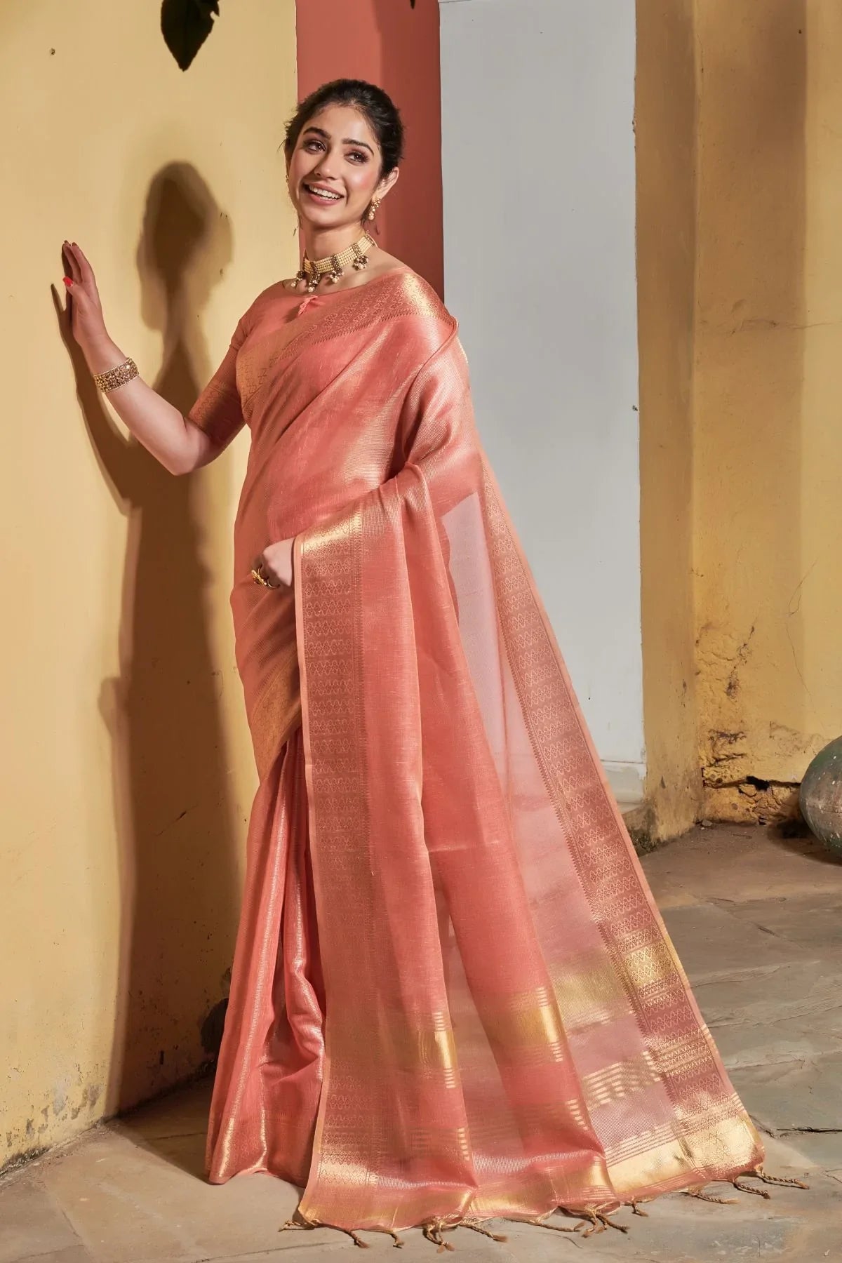 Apricot Pink Tissue Linen Saree