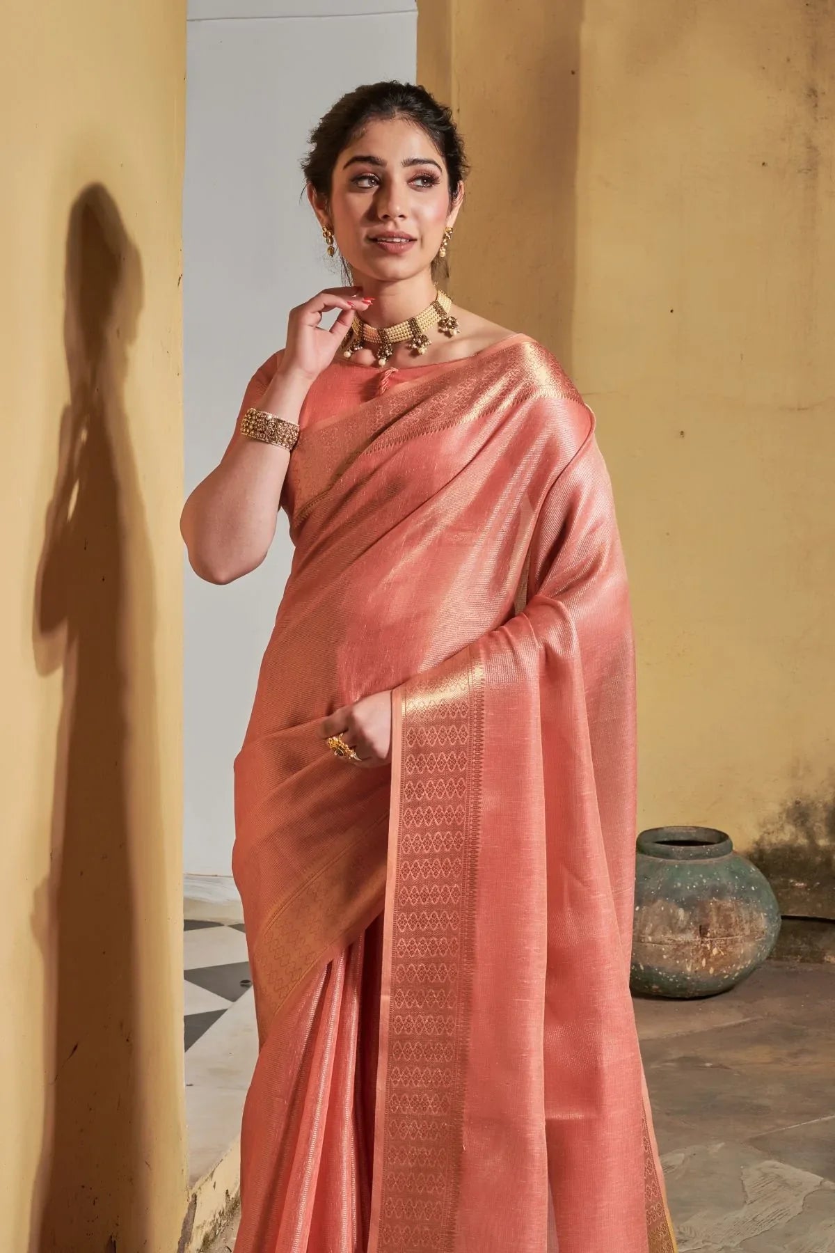 Apricot Pink Tissue Linen Saree