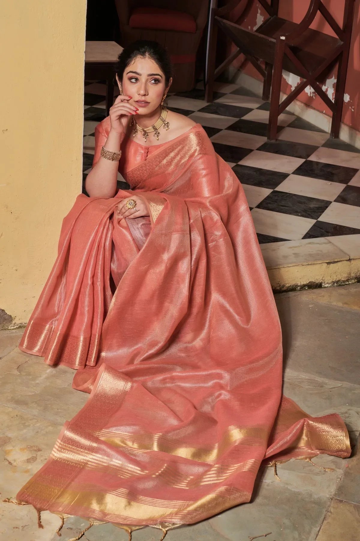 Apricot Pink Tissue Linen Saree