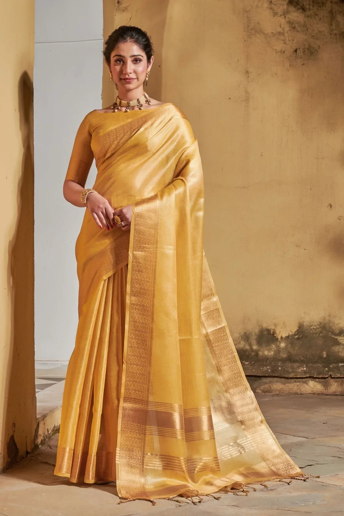 Confetti Yellow Tissue Linen Saree