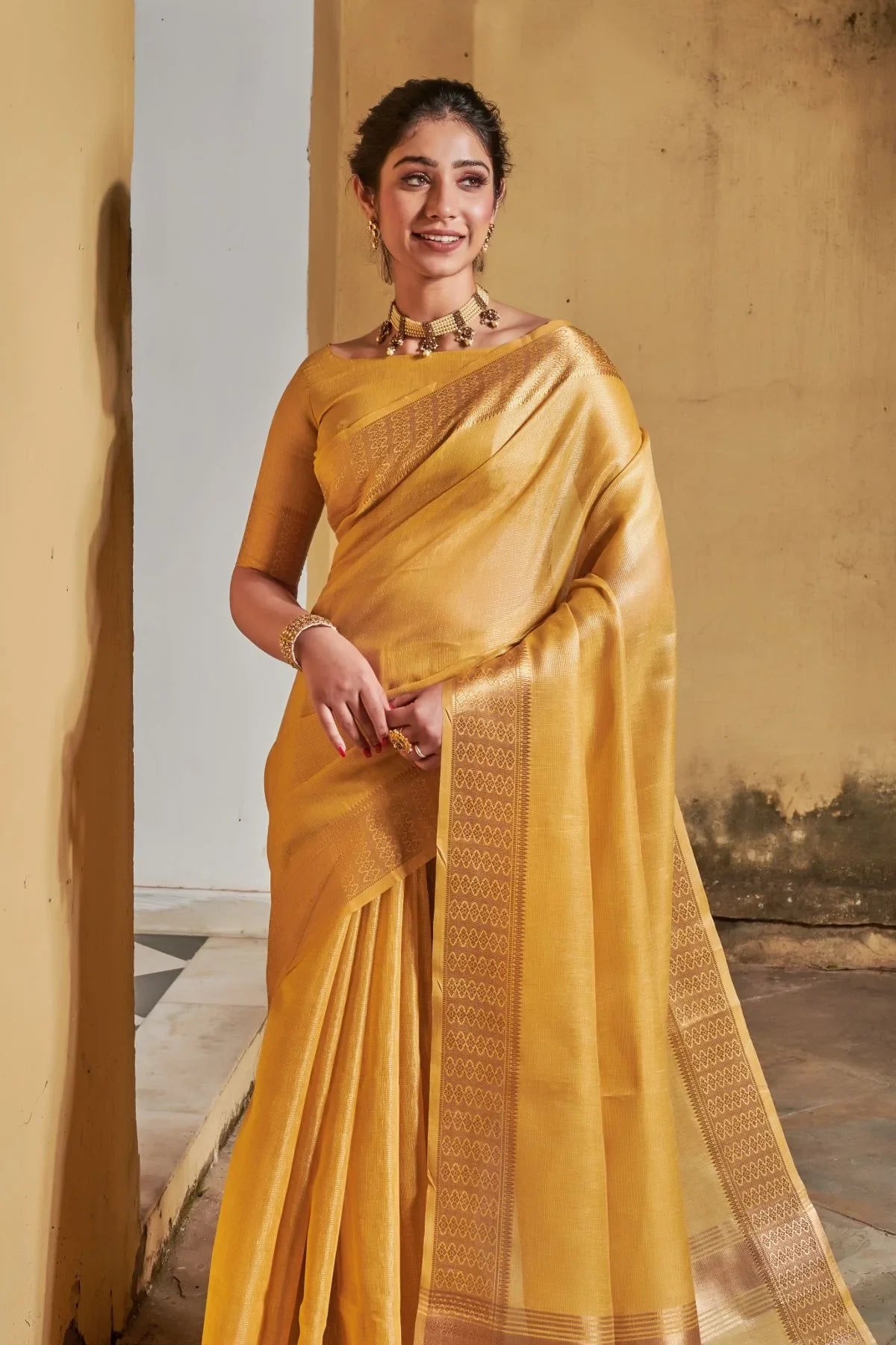 Confetti Yellow Tissue Linen Saree