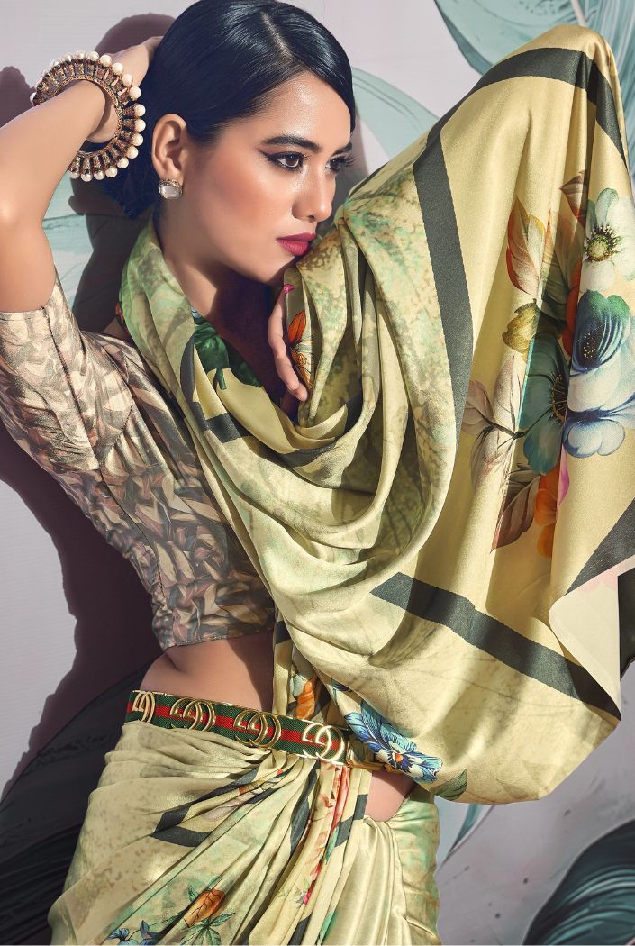 Locust Green Printed Satin Silk Saree