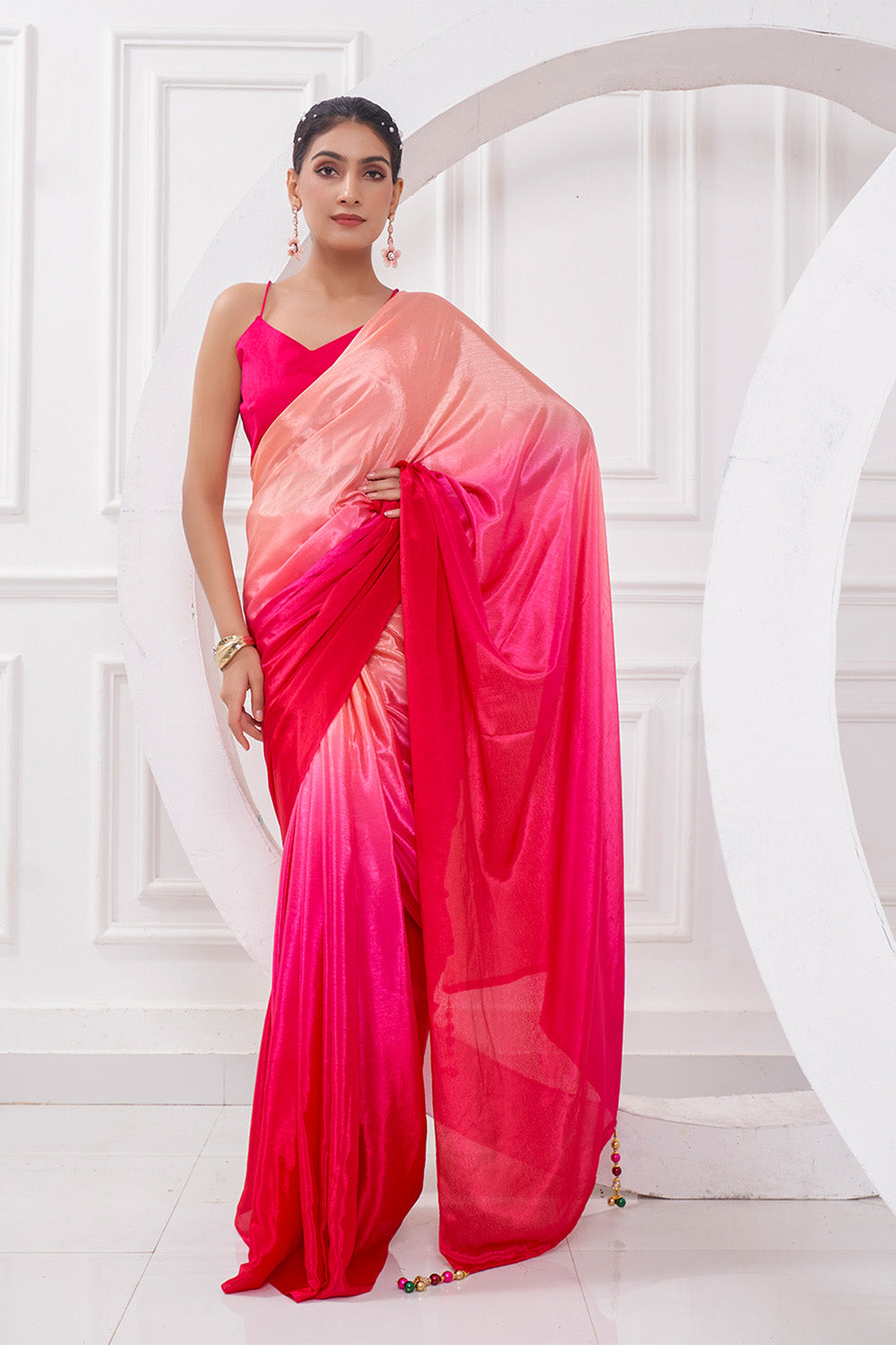 Rose Pink Pearl Georgette Silk Saree