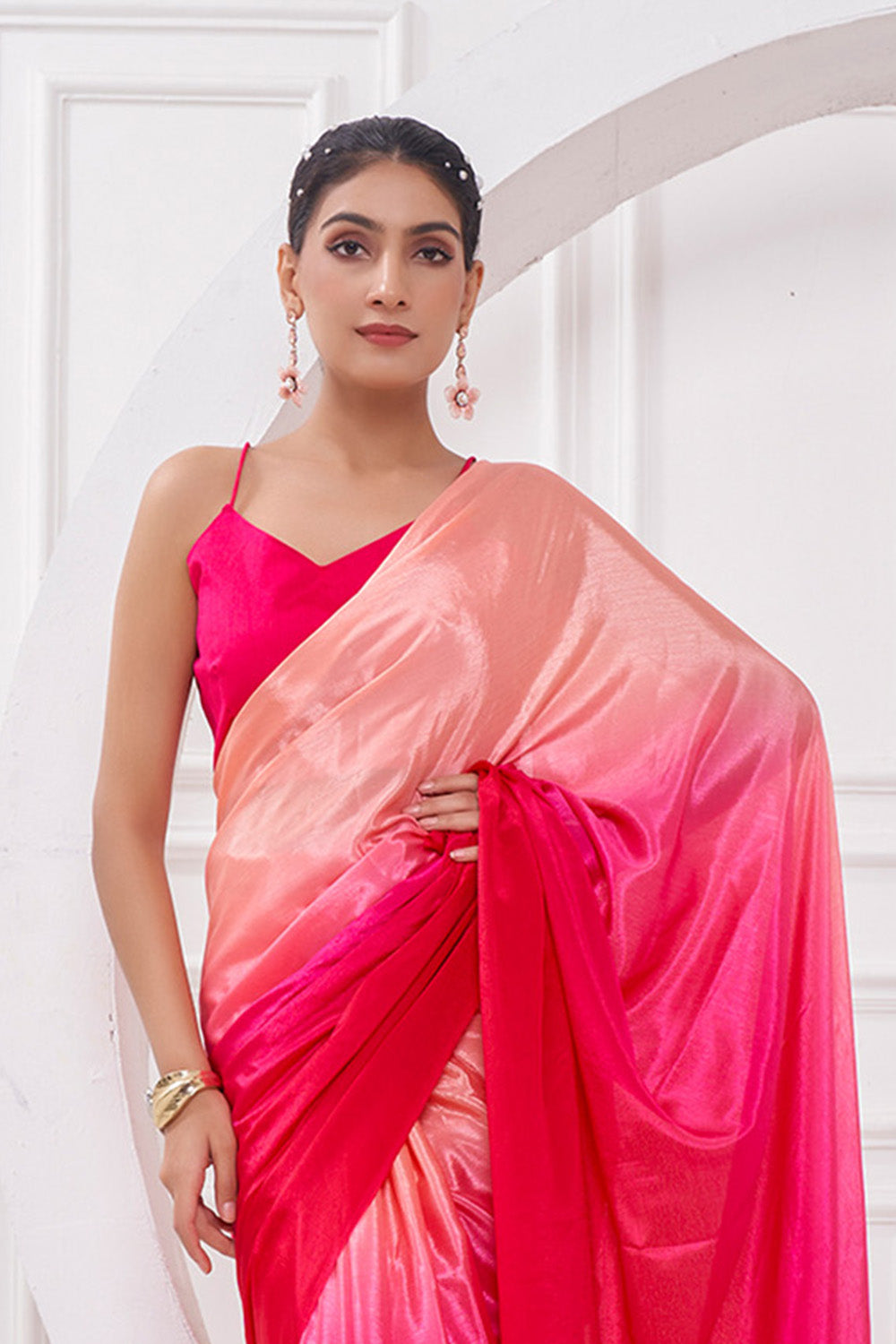 Rose Pink Pearl Georgette Silk Saree