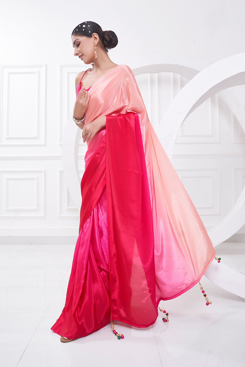 Rose Pink Pearl Georgette Silk Saree