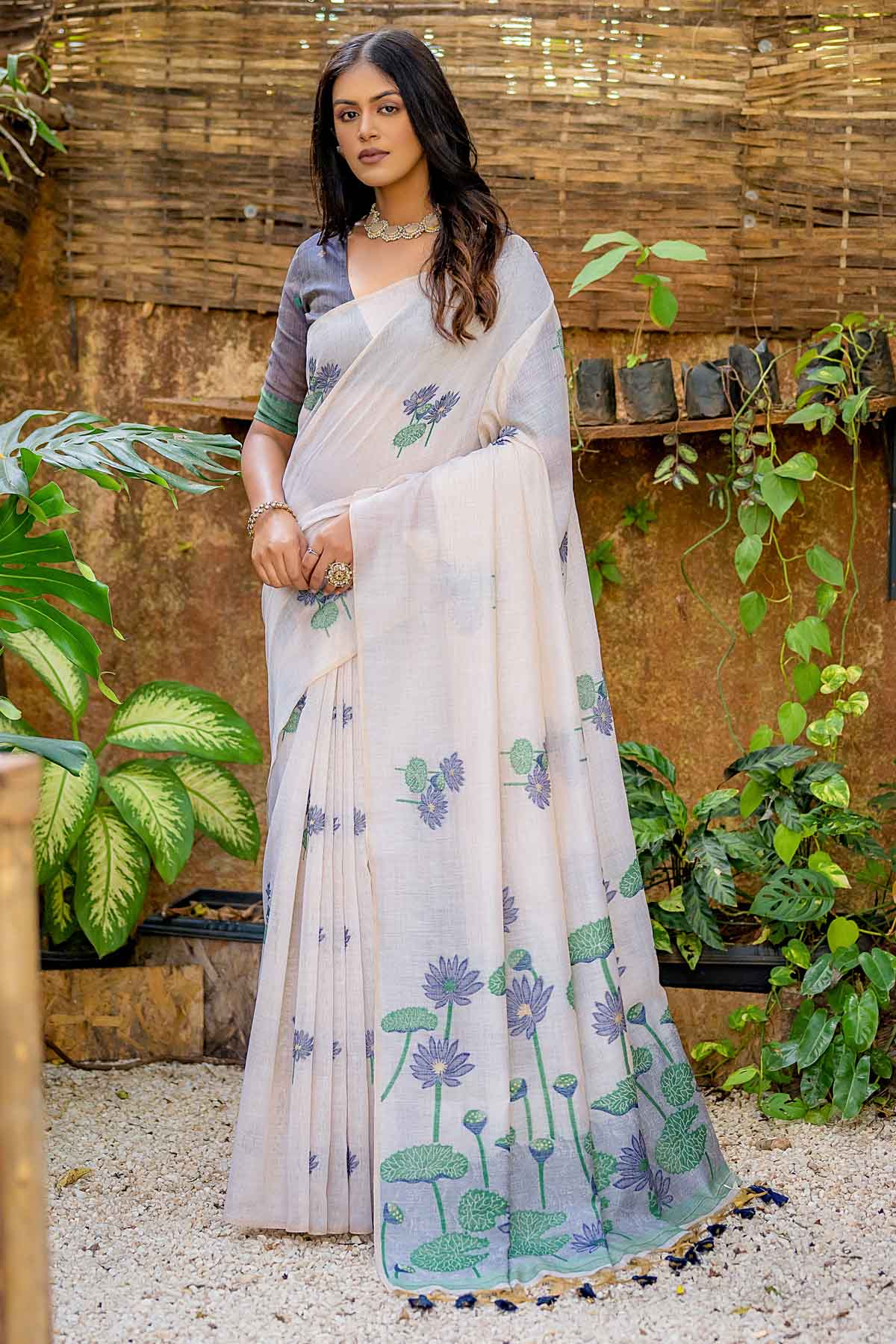 Off White-Navy Blue Muga Lotus Cotton Saree With Thread Woven Pallu