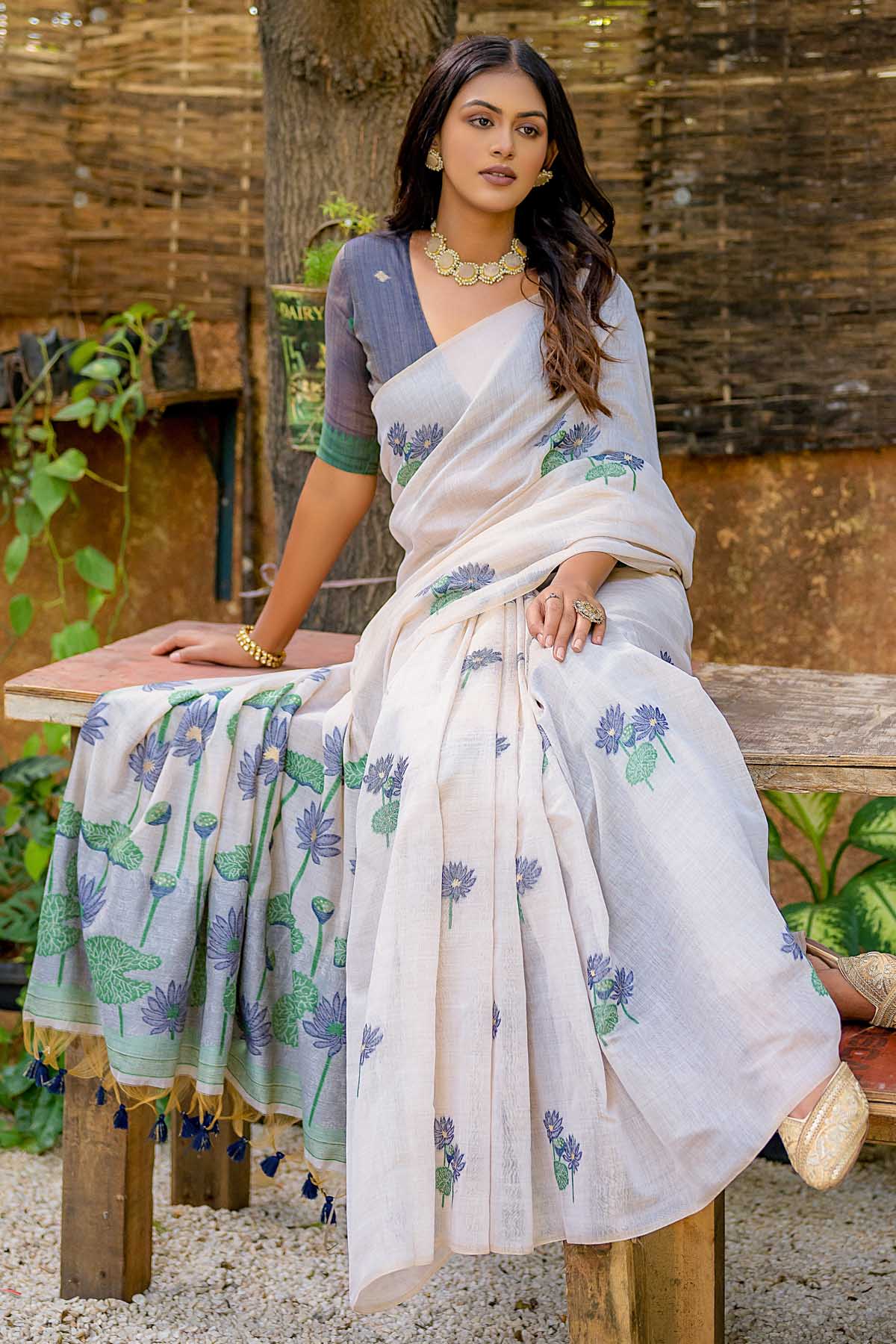 Off White-Navy Blue Muga Lotus Cotton Saree With Thread Woven Pallu