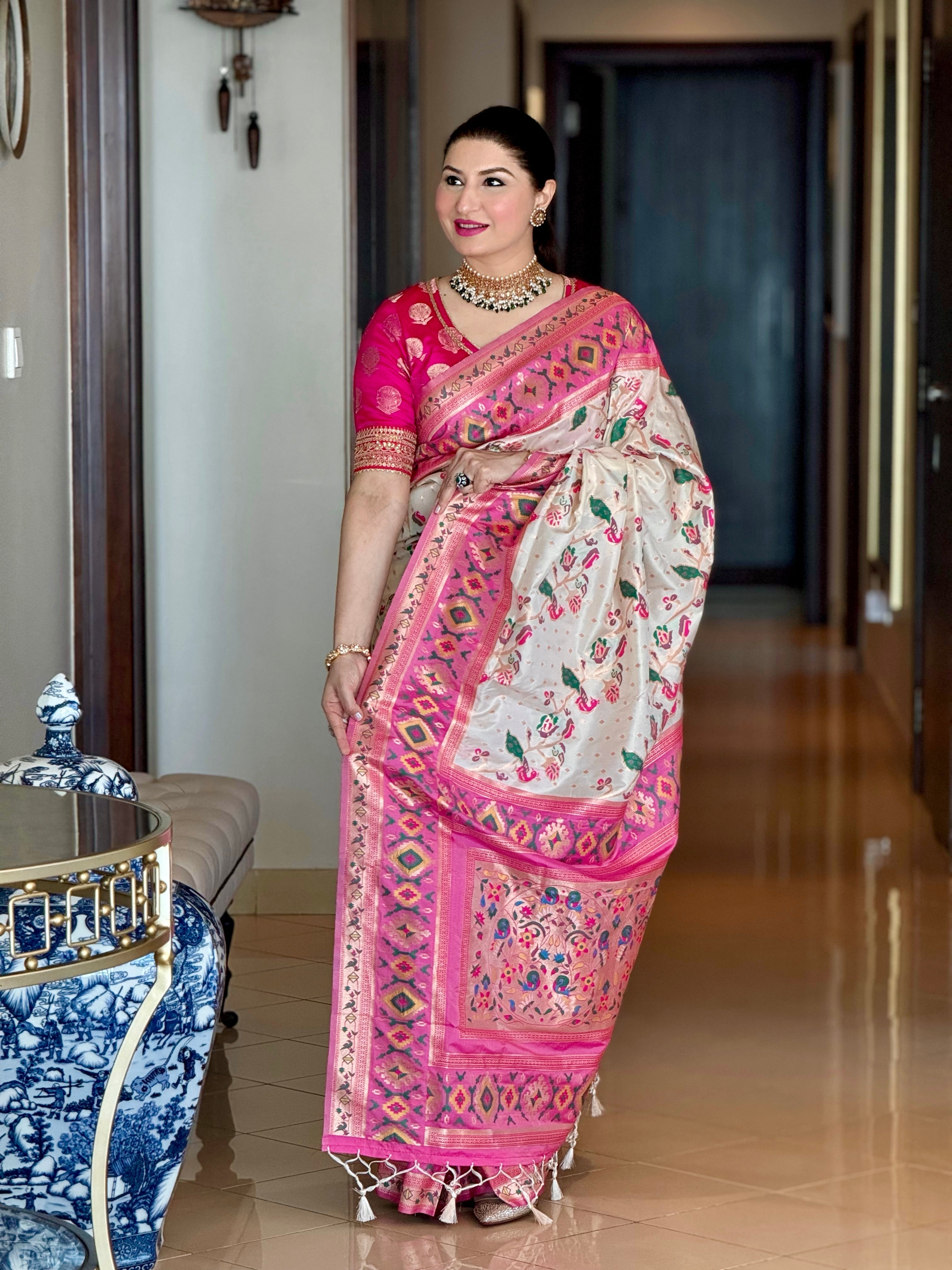 Off White and Pink Patola Fusion Paithani Silk Saree