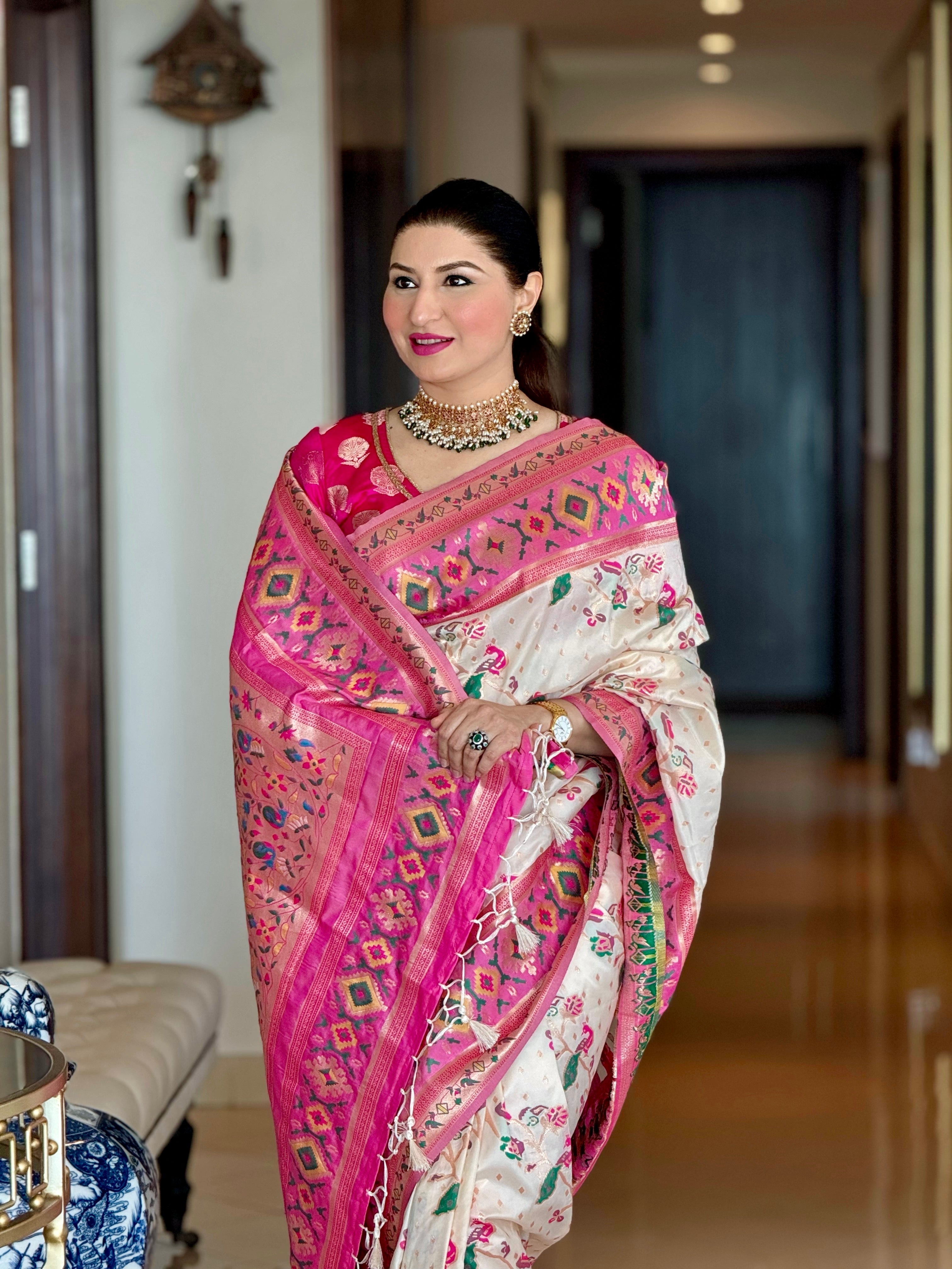 Off White and Pink Patola Fusion Paithani Silk Saree