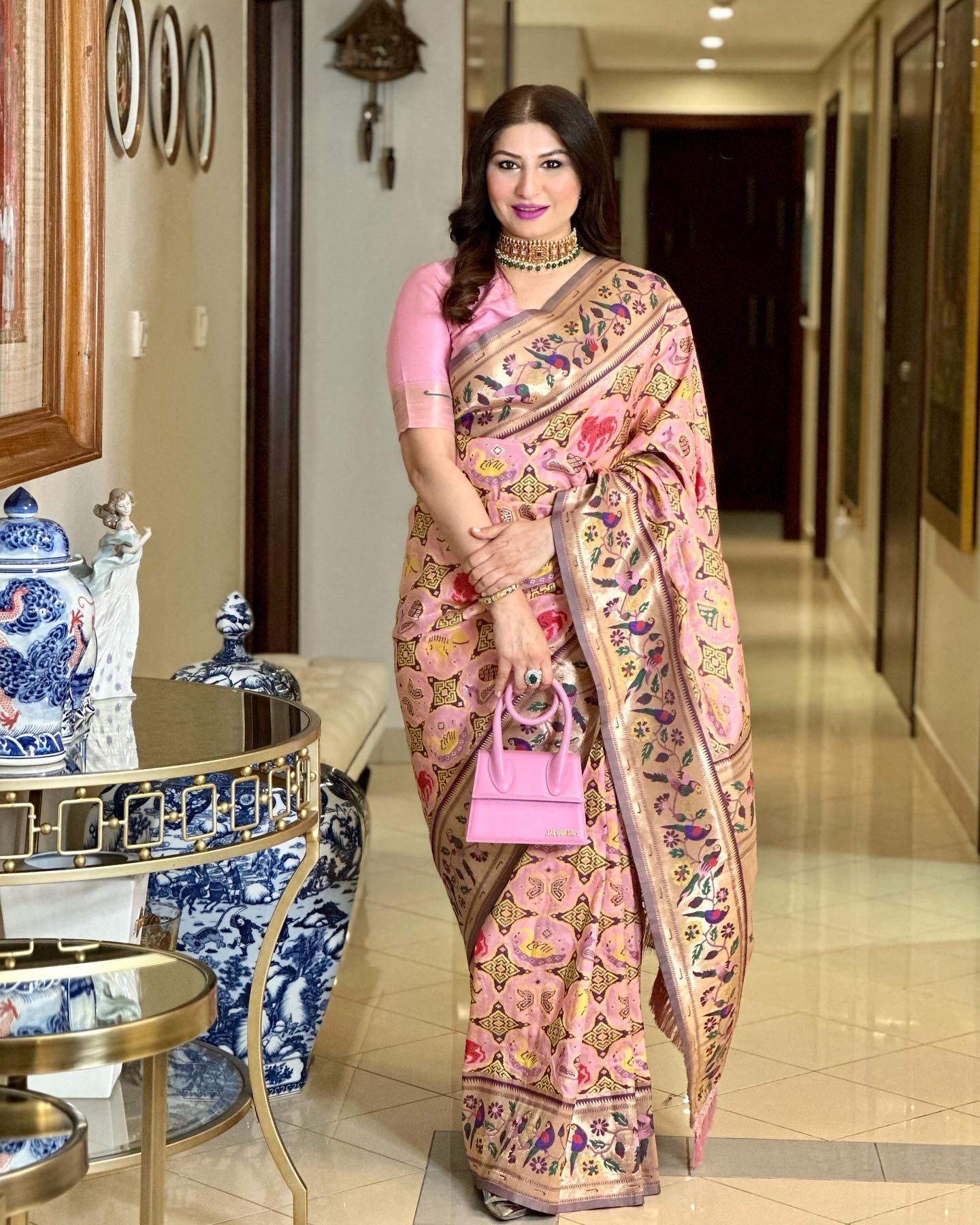 Bouquet Pink Woven Paithani Silk Saree