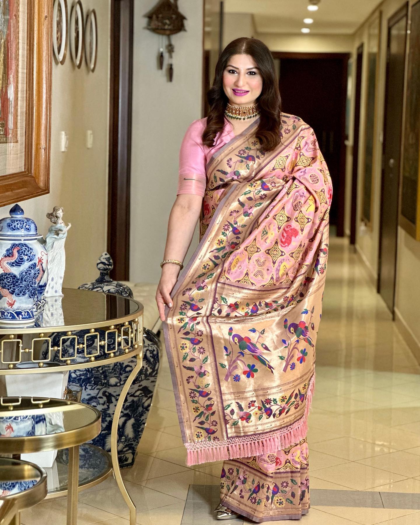 Bouquet Pink Woven Paithani Silk Saree