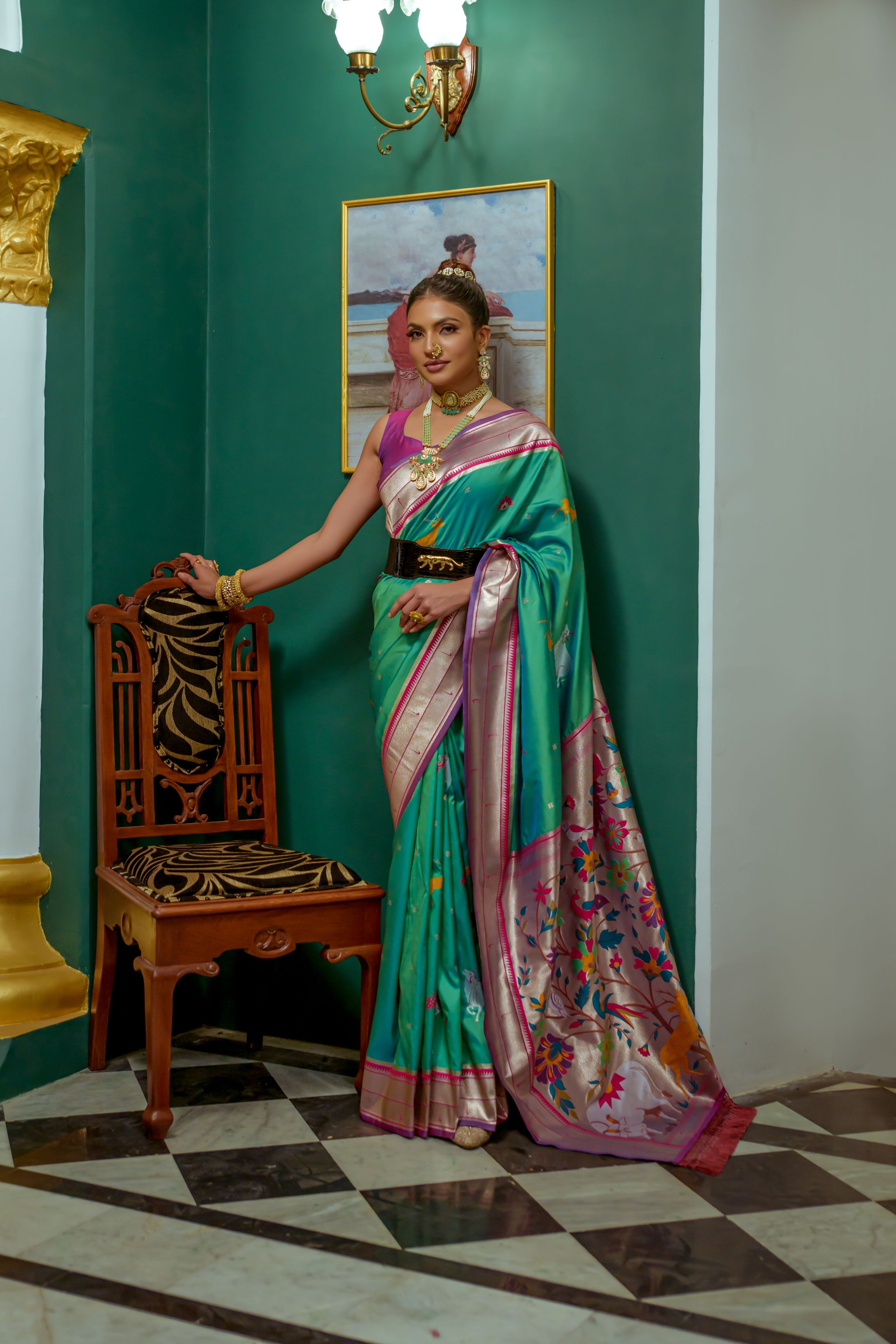 Pine Green Woven Paithani Silk Saree