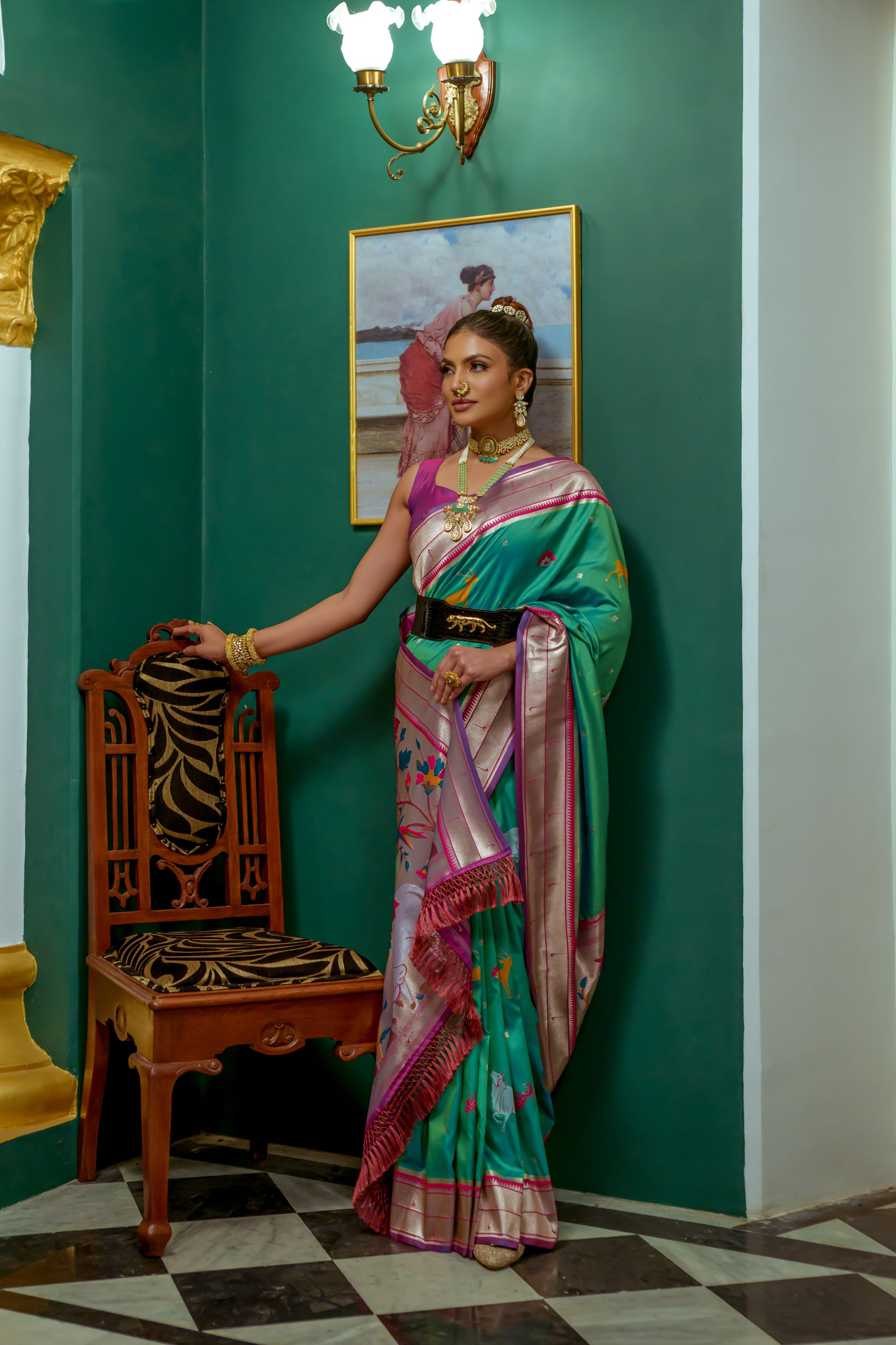 Pine Green Woven Paithani Silk Saree