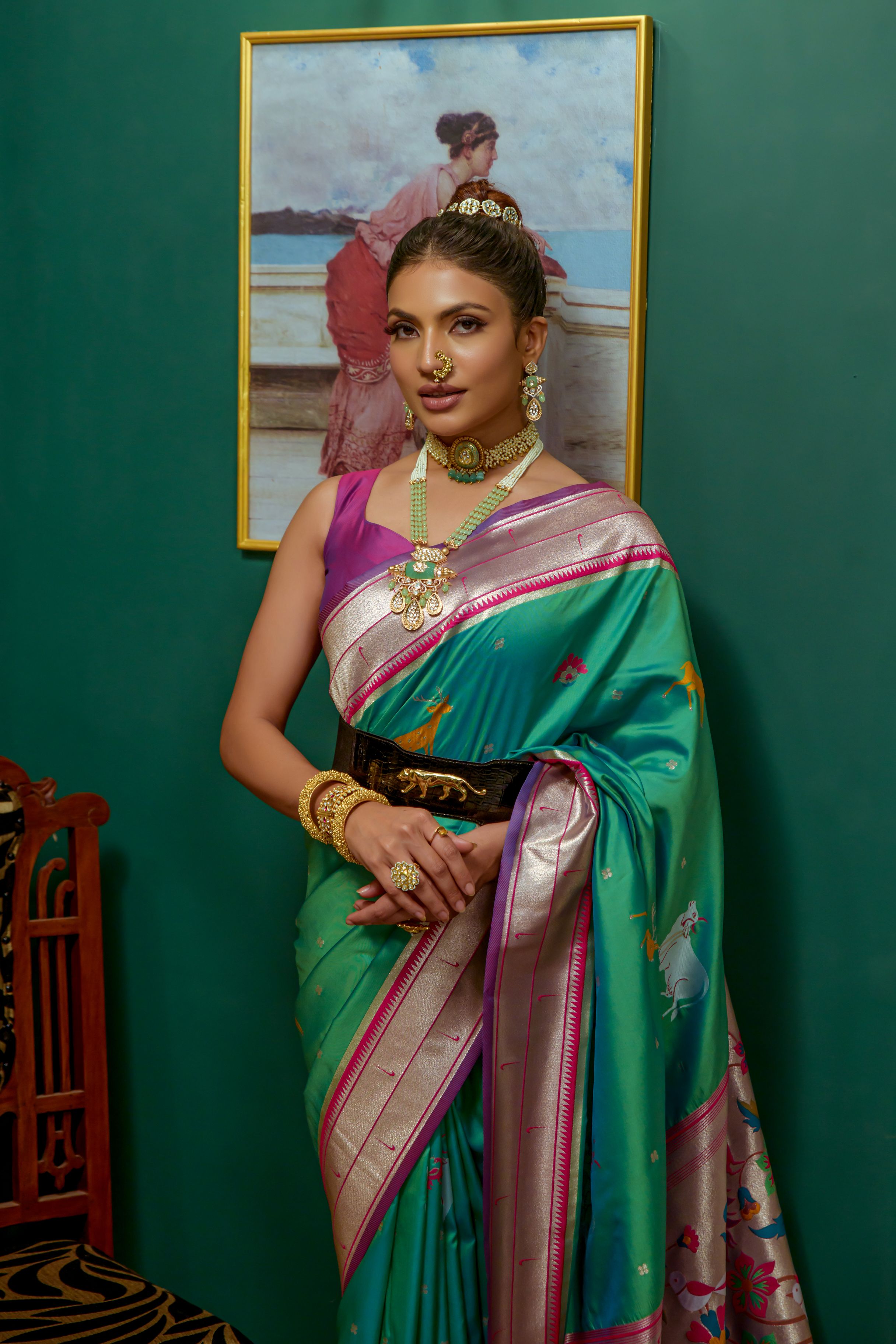 Pine Green Woven Paithani Silk Saree