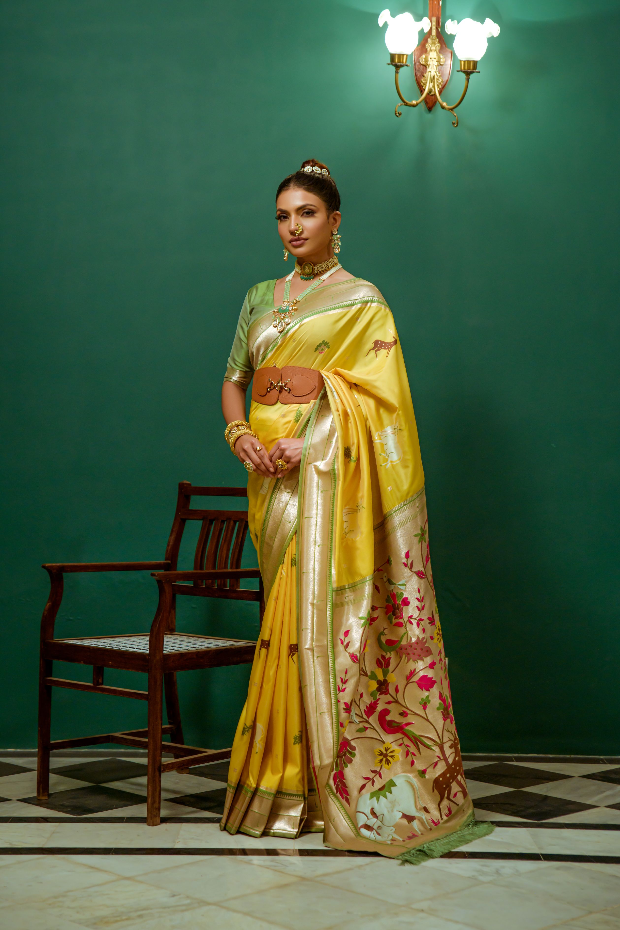 Flax Yellow Woven Paithani Silk Saree