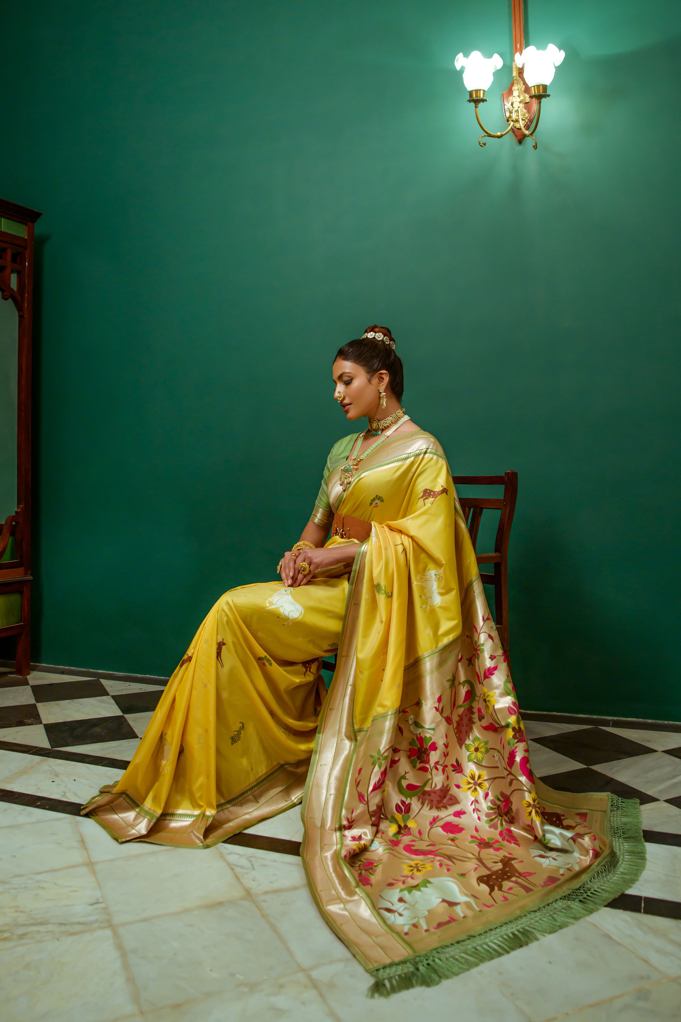 Flax Yellow Woven Paithani Silk Saree