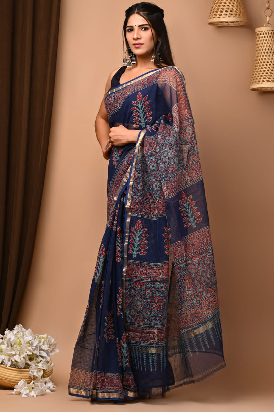 Baltic Sea Blue Handblock Kota Doriya Saree