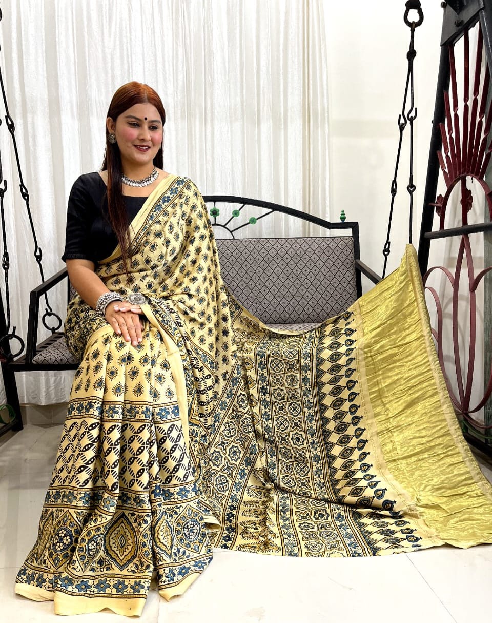 Laser Yellow Ajrakh Modal Handblock Printed Silk Saree