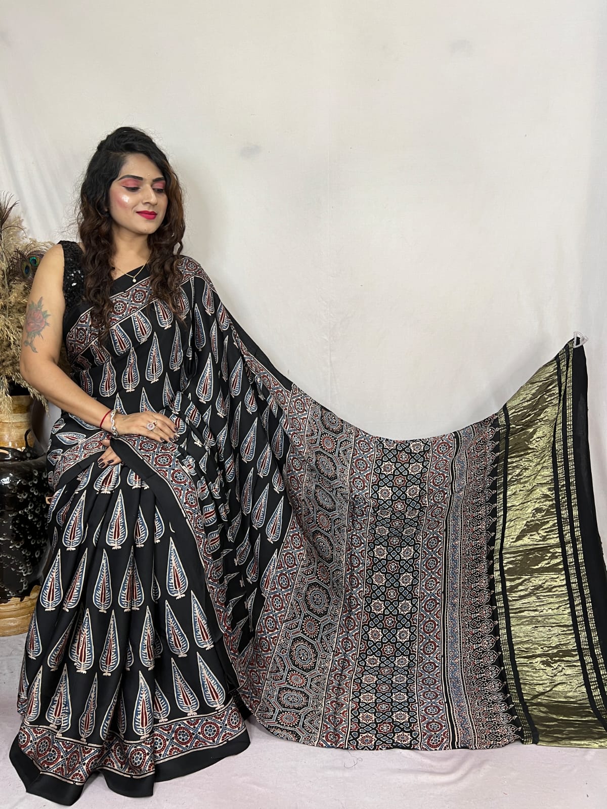 Coral Black Ajrakh Modal Handblock Printed Silk Saree