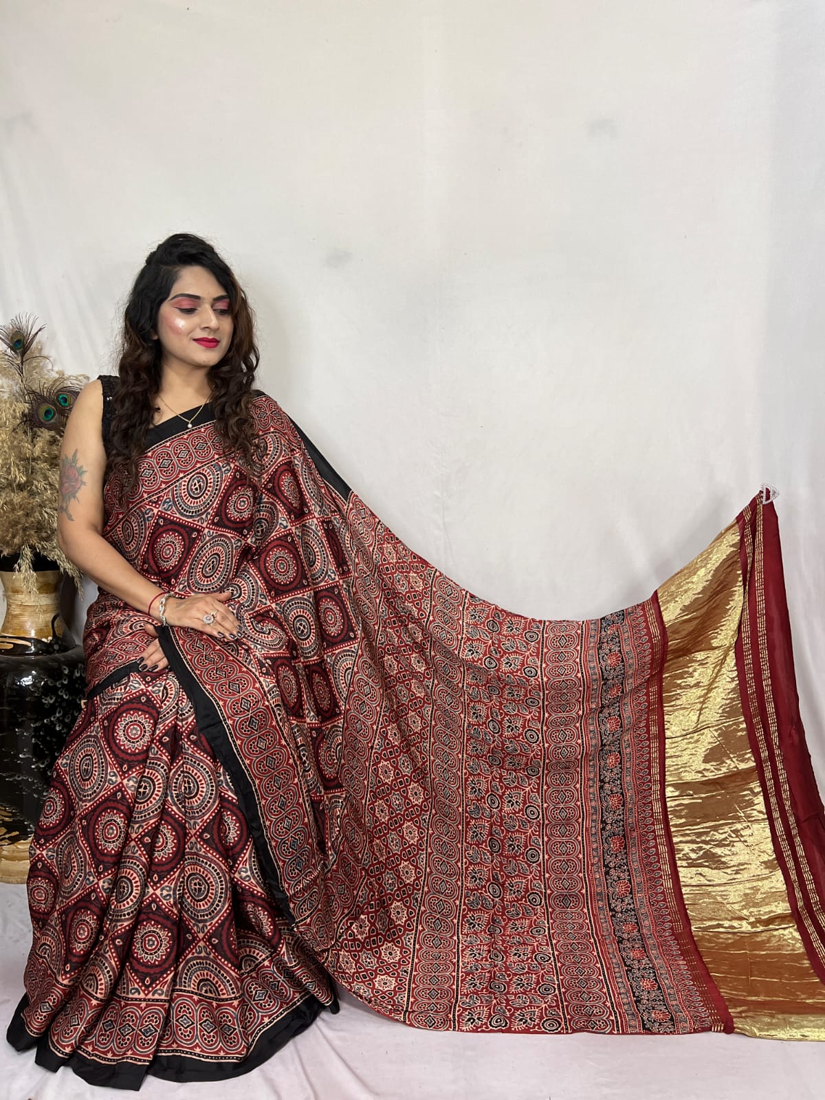 Roman Coffee Brown Ajrakh Modal Handblock Printed Silk Saree