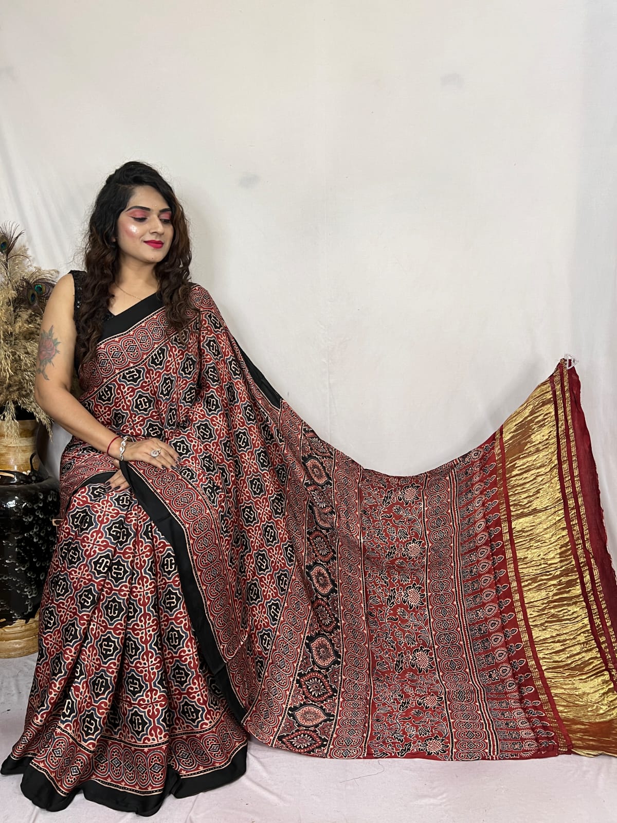 Copper Rust Brown Ajrakh Modal Handblock Printed Silk Saree