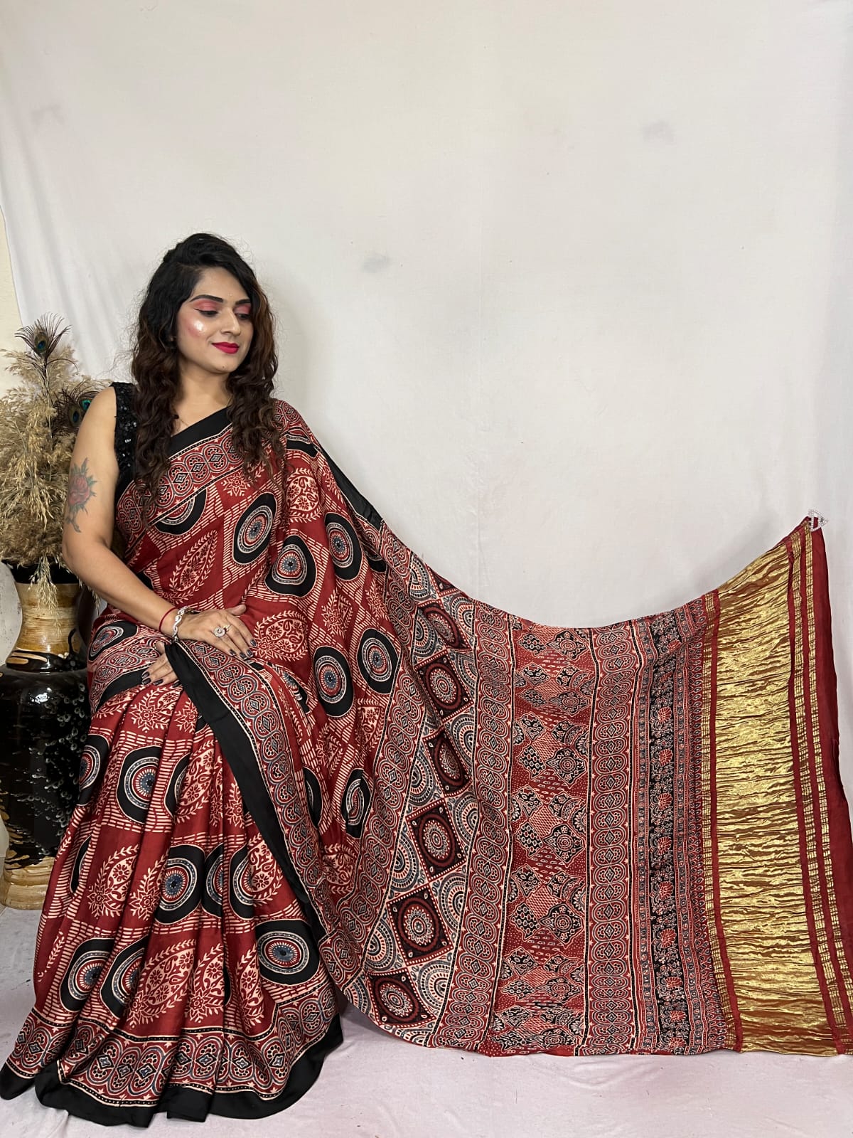 Crown Of Thorns Brown Ajrakh Modal Handblock Printed Silk Saree