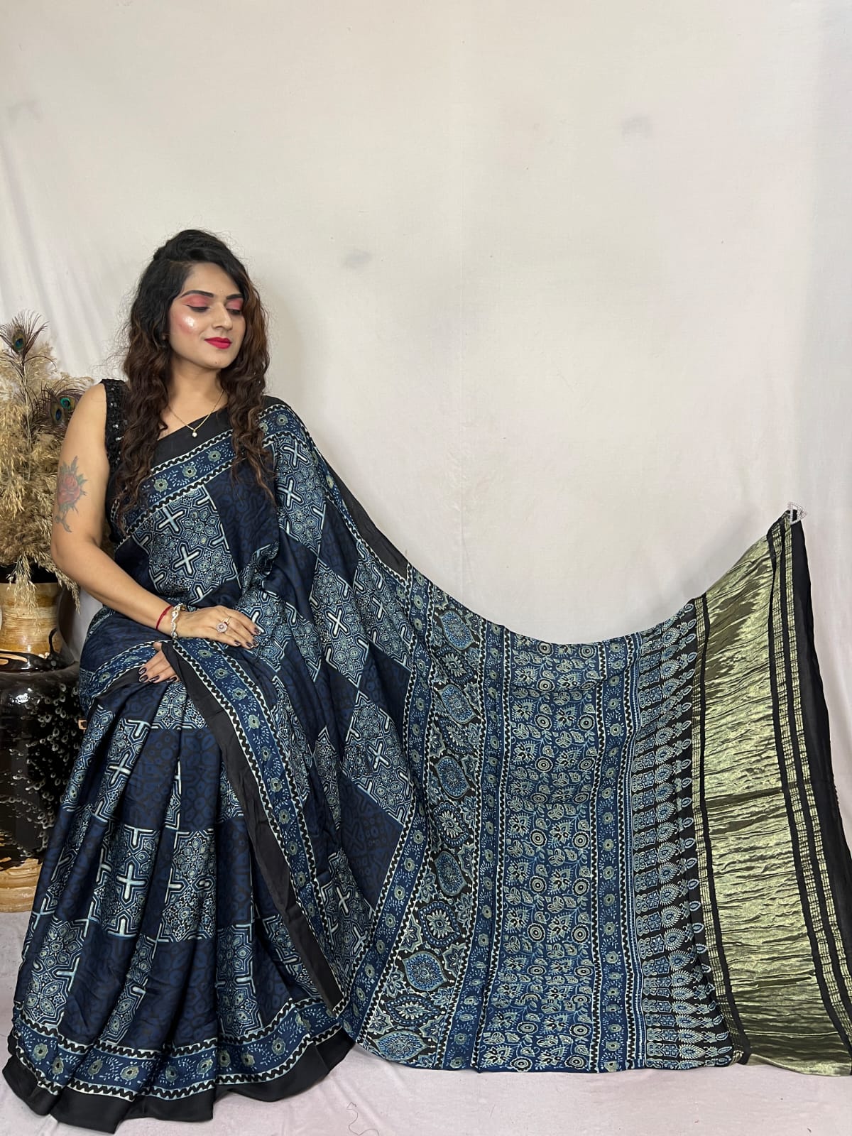 Ebony Clay Blue Ajrakh Modal Handblock Printed Silk Saree