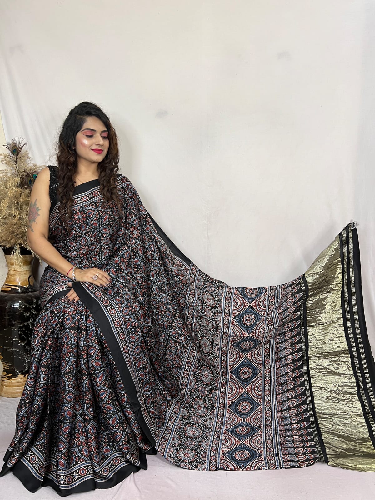 Nevada Black Ajrakh Modal Handblock Printed Silk Saree