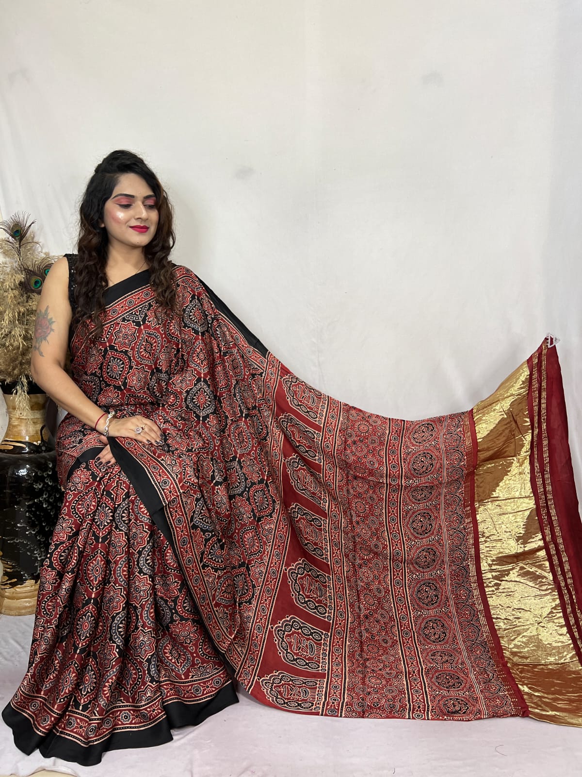 Blast Off Bronze Brown Ajrakh Modal Handblock Printed Silk Saree