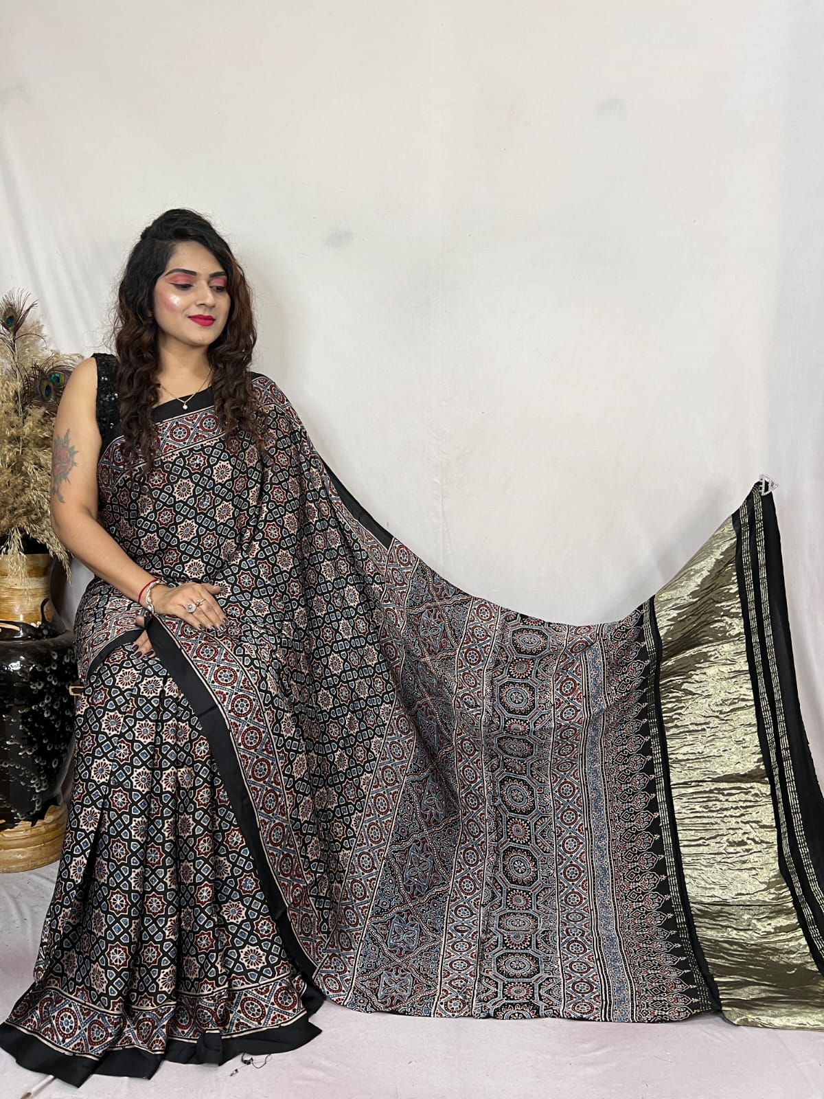 Taupe Black Ajrakh Modal Handblock Printed Silk Saree