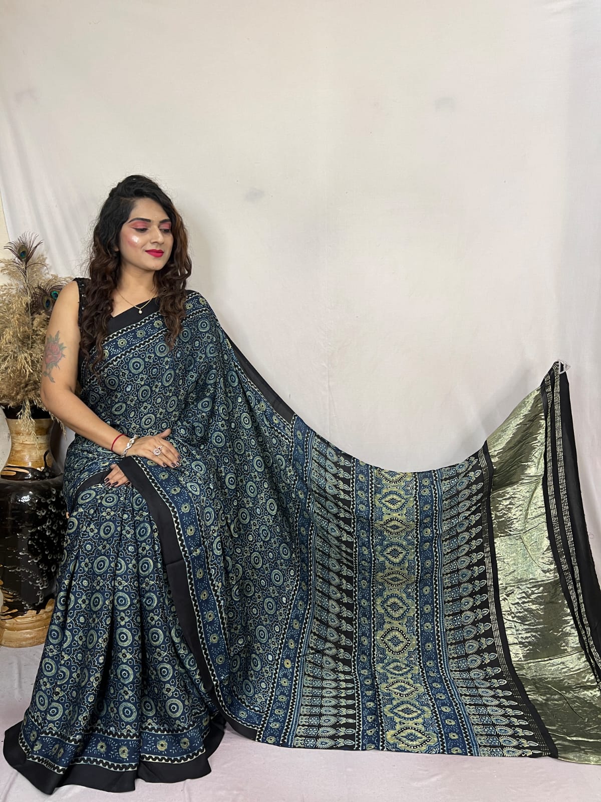 Pickled Bluewood Ajrakh Modal Handblock Printed Silk Saree