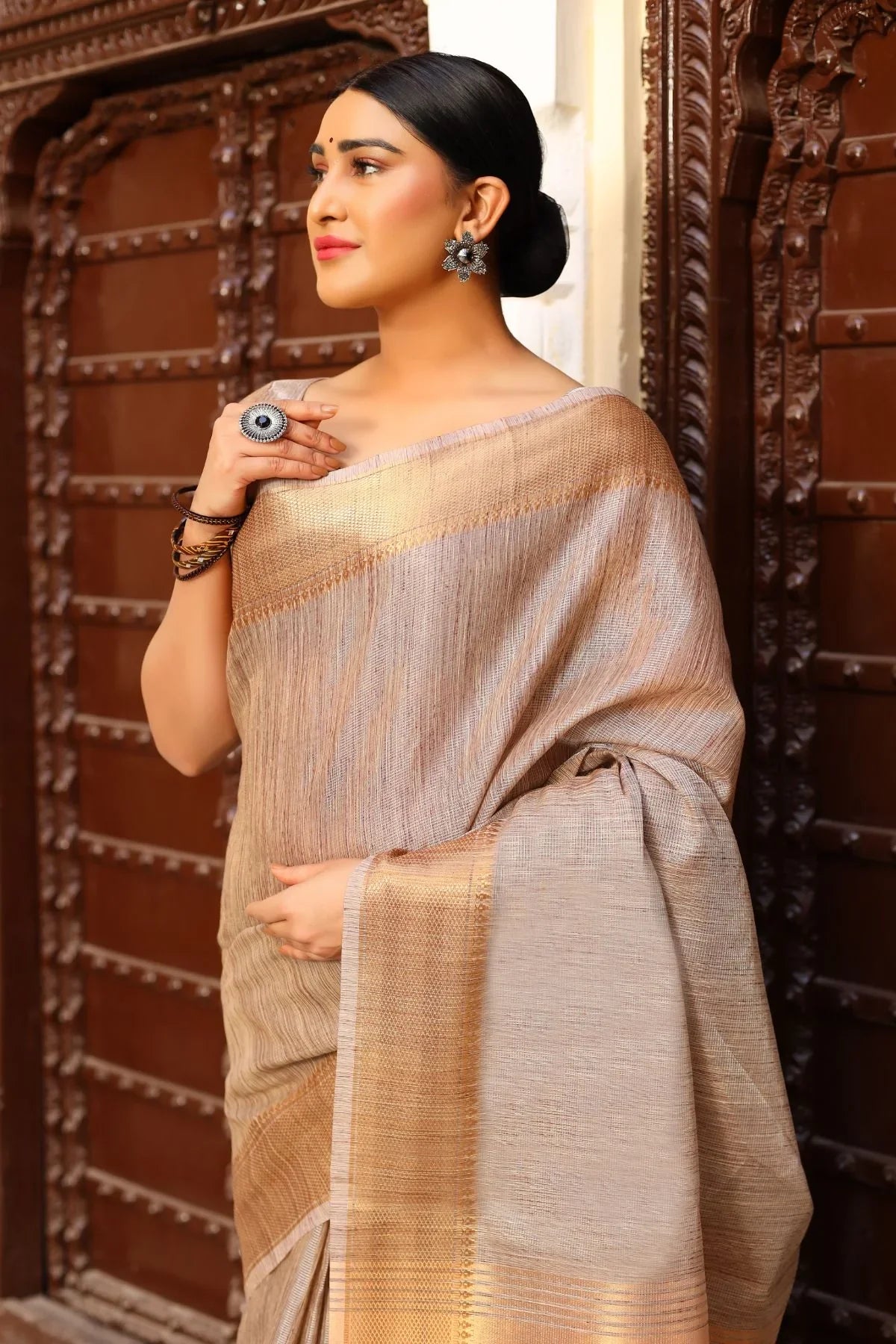 Tan Brown Tissue Cotton Saree