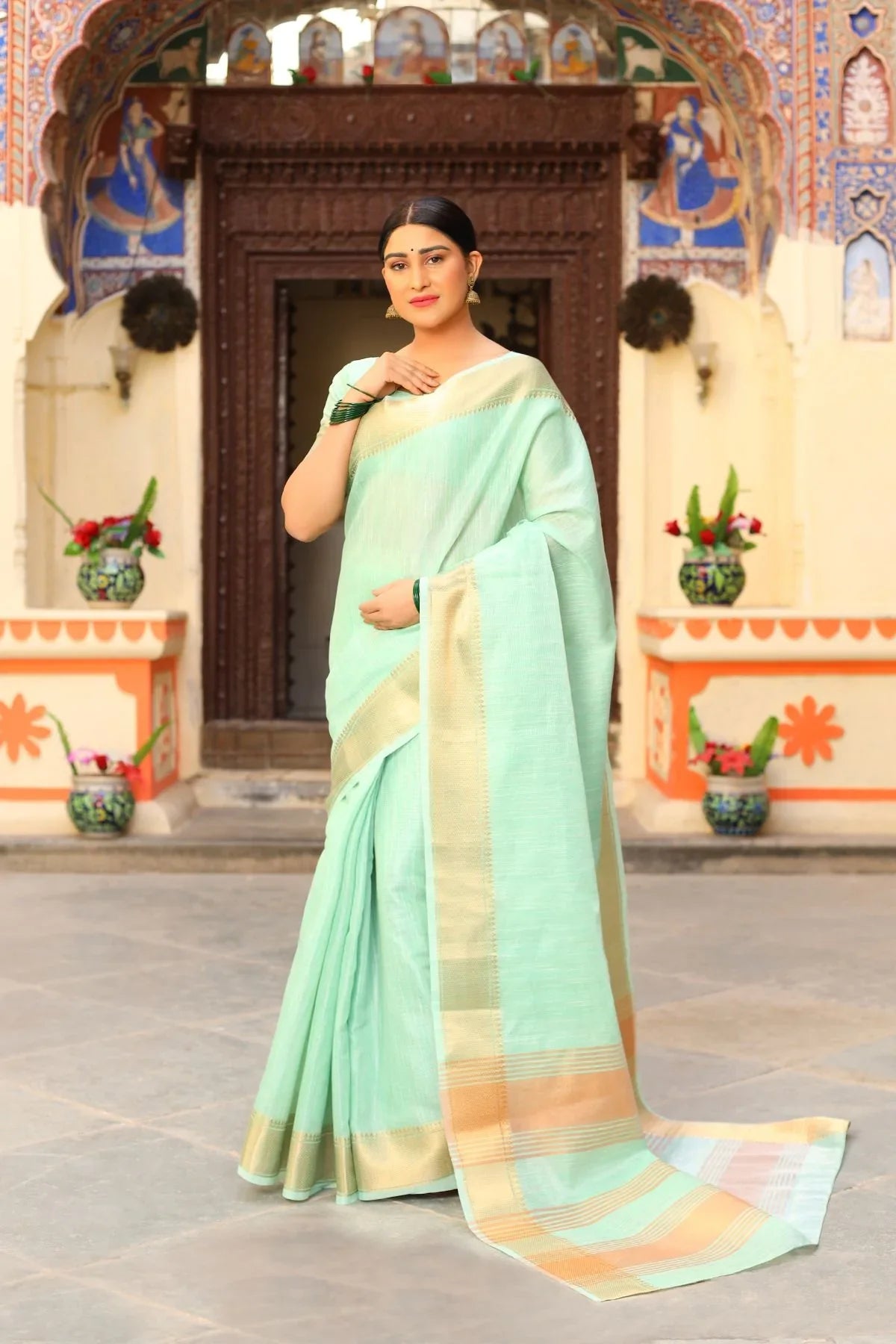 Surf Pista Tissue Cotton Saree