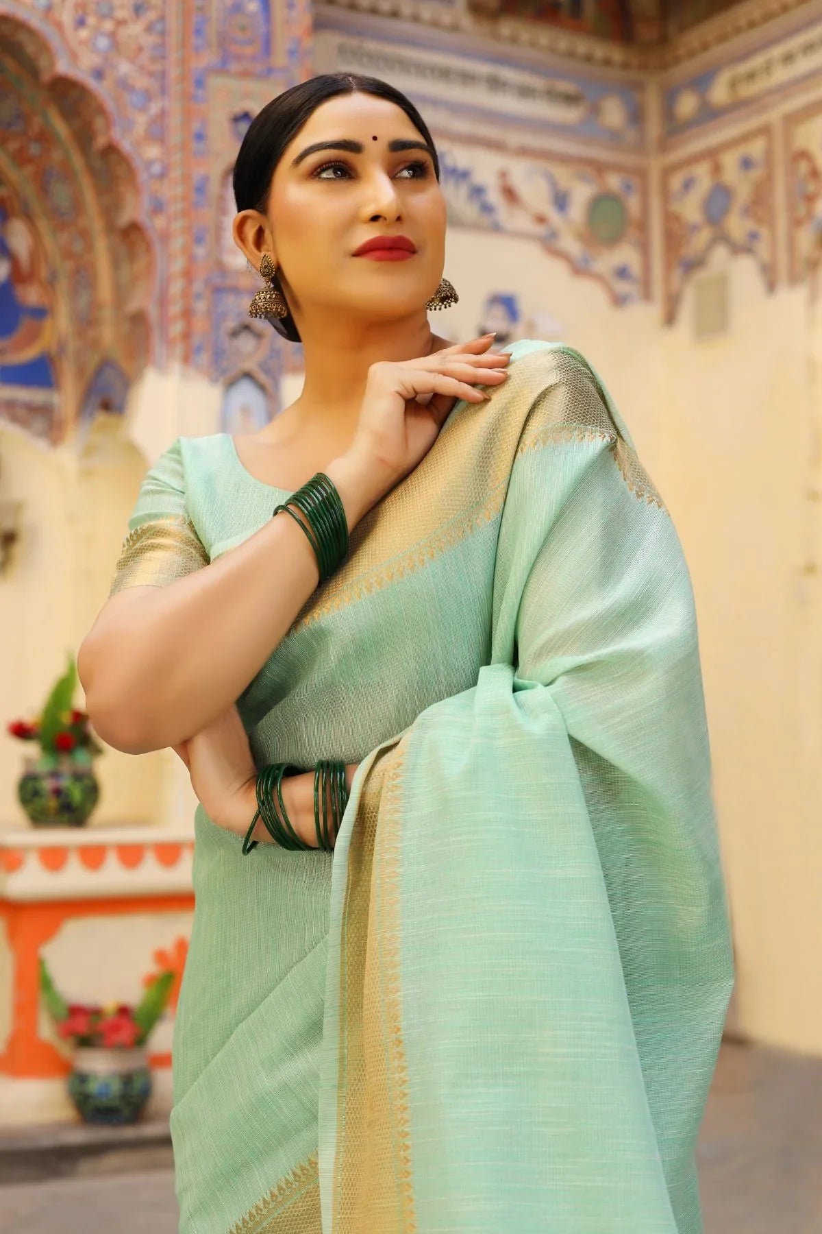 Surf Pista Tissue Cotton Saree