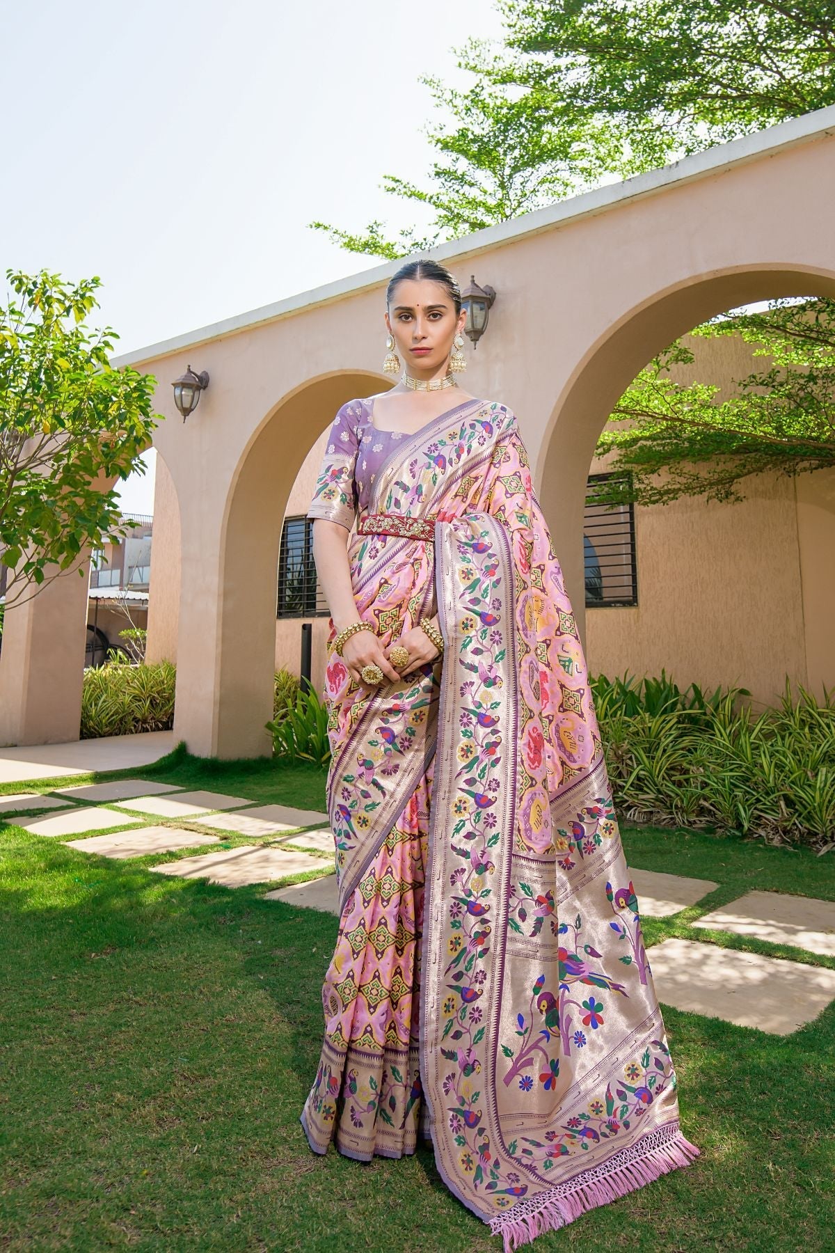 Bouquet Pink Woven Paithani Silk Saree