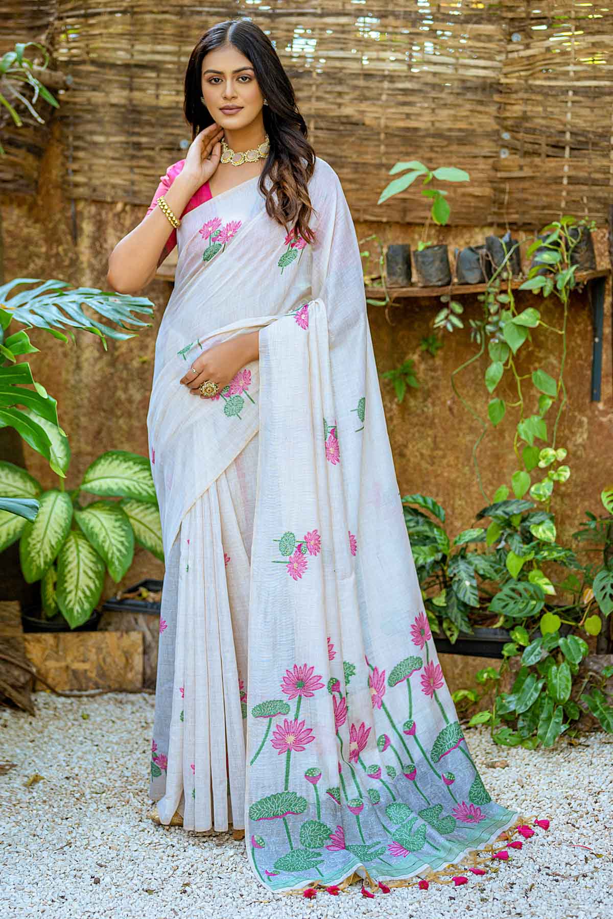 Off White-Pink Muga Lotus Cotton Saree With Thread Woven Pallu