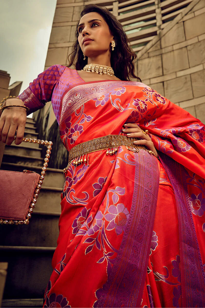 Red Color Zari Woven Banarasi Handloom Satin Saree