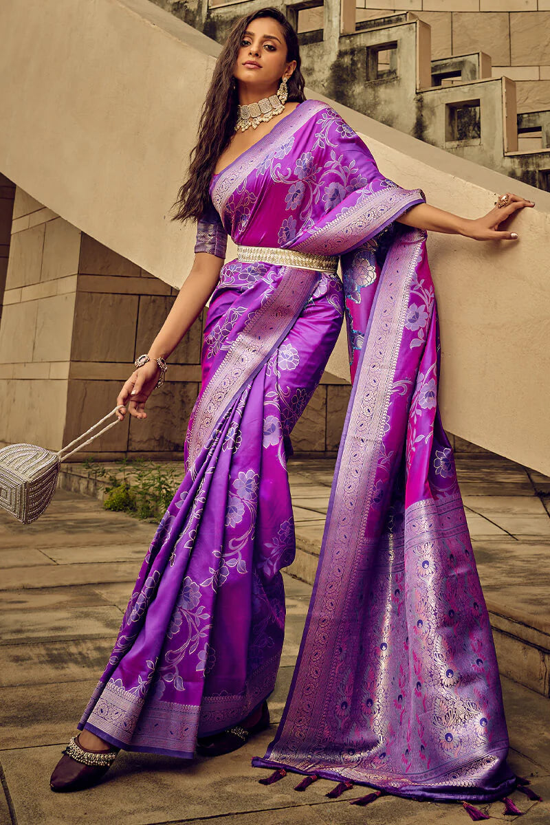 Purple Color Zari Woven Banarasi Handloom Satin Saree